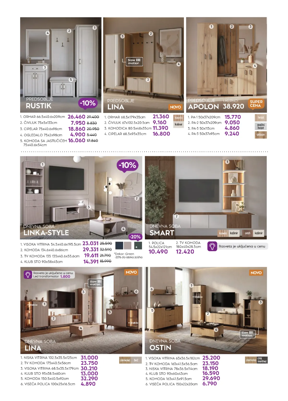 MATIS katalog strana 6 – predsoblja Rustik, Lina i Apolon i dnevne sobe Linka Style, Smart, Lina i Ostin