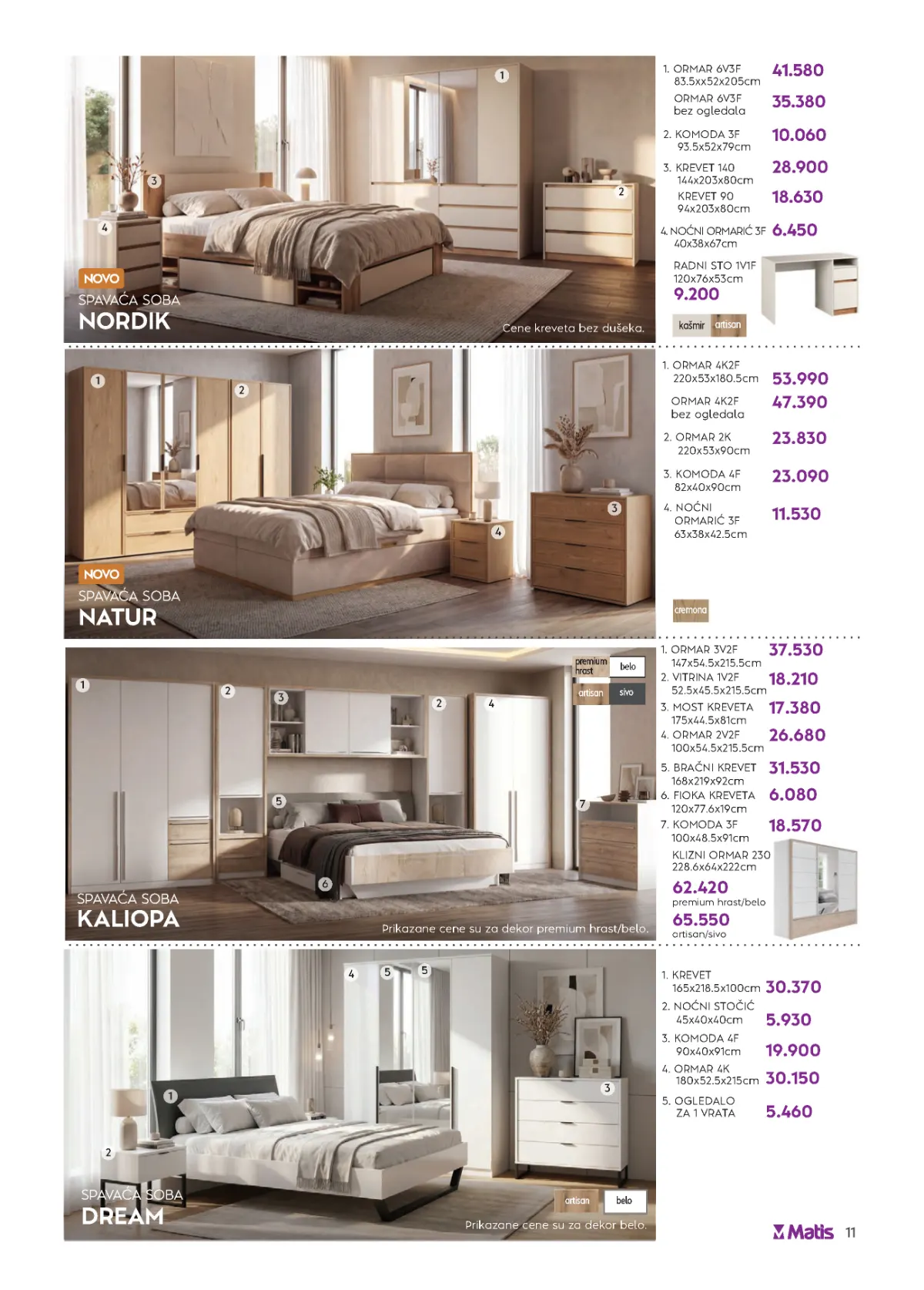 MATIS katalog strana 11 – spavaće sobe Nordik, Natur, Kaliopa i Dream