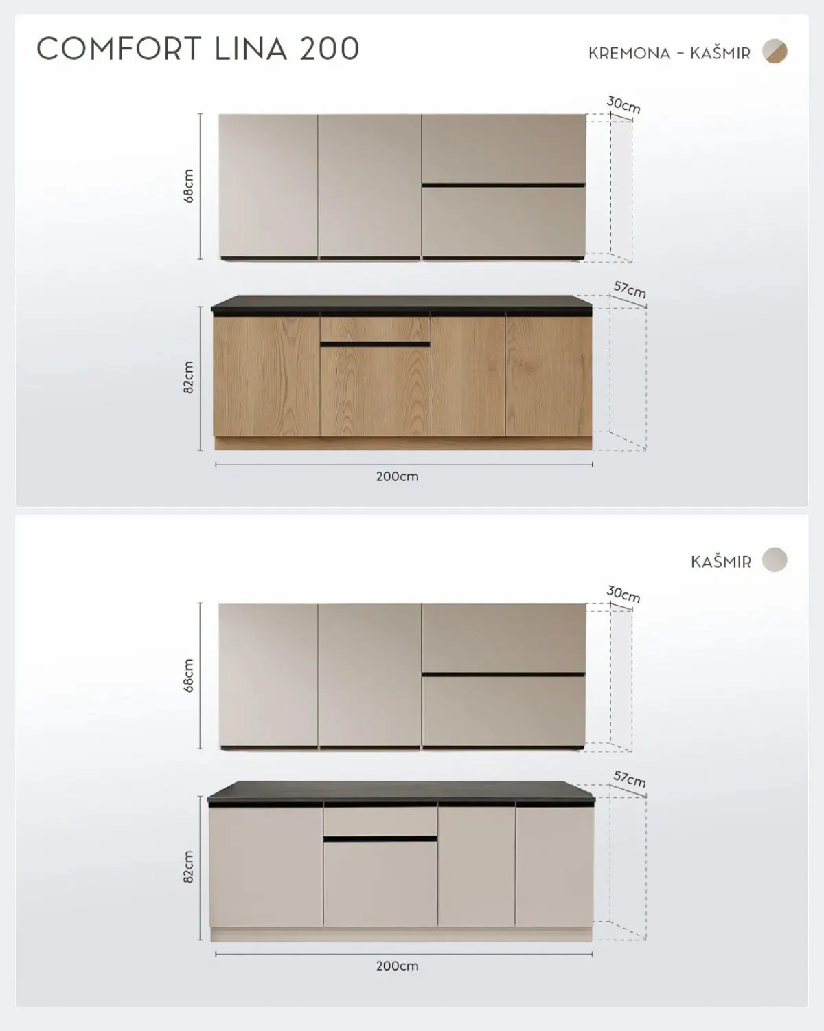 MATIS Comfort Lina 200 – dimenzije blok kuhinje širine 200 cm, donji elementi visine 82 cm i dubine 57 cm, gornji elementi visine 68 cm i dubine 30 cm