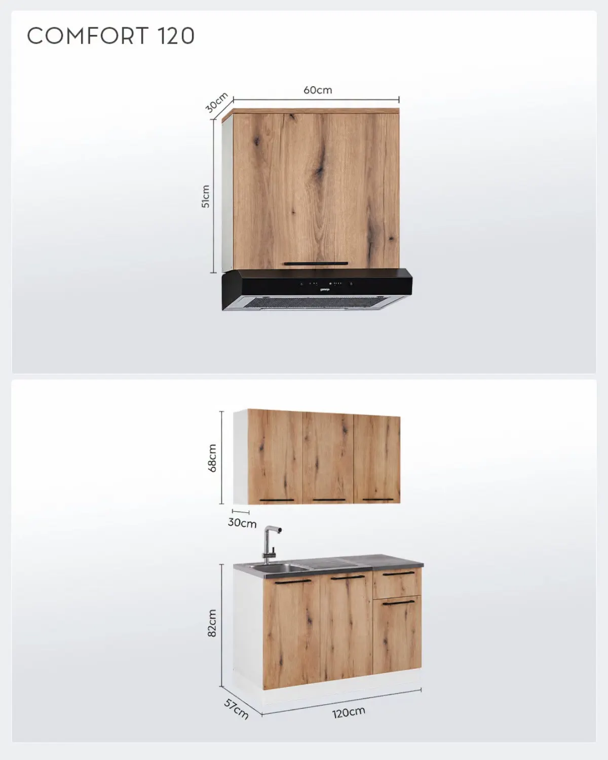 MATIS Comfort 120 – prikaz kuhinjskih elemenata širine 120 cm, gornjih elemenata visine 68 cm i donjih elemenata visine 82 cm, sa dimenzijama
