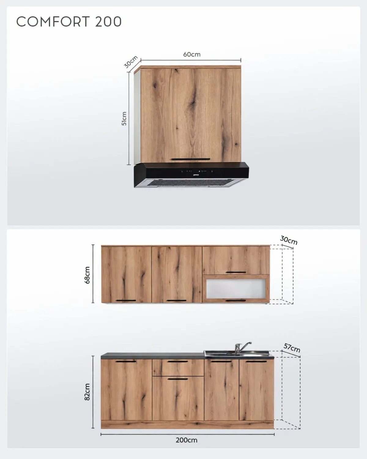 MATIS Comfort 200 – blok kuhinja širine 200 cm, viseći elementi visine 68 cm i dubine 30 cm, donji elementi visine 82 cm i dubine 57 cm