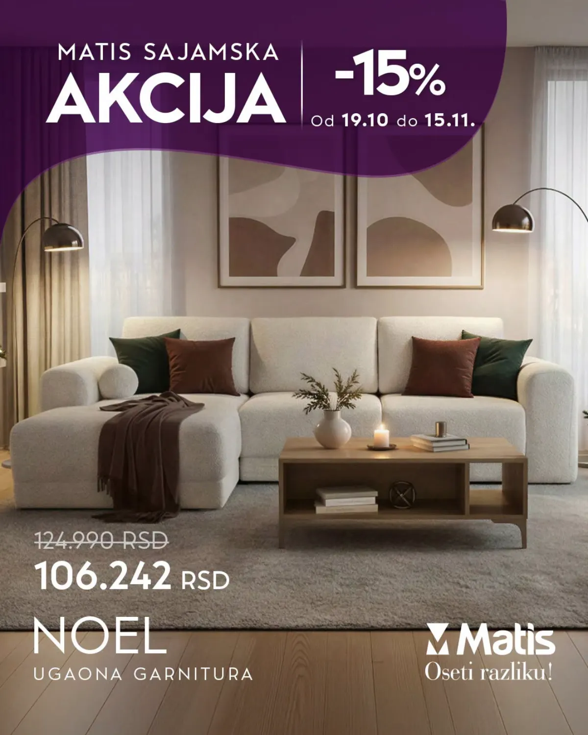 MATIS ugaona garnitura Noel na sajamskoj akciji – prethodna cena 124.990, akcijska cena 106.242 dinara