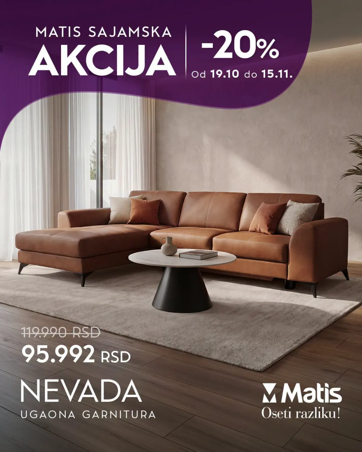 MATIS ugaona garnitura Nevada snižena 20% – sa 119.990 na 95.992 dinara