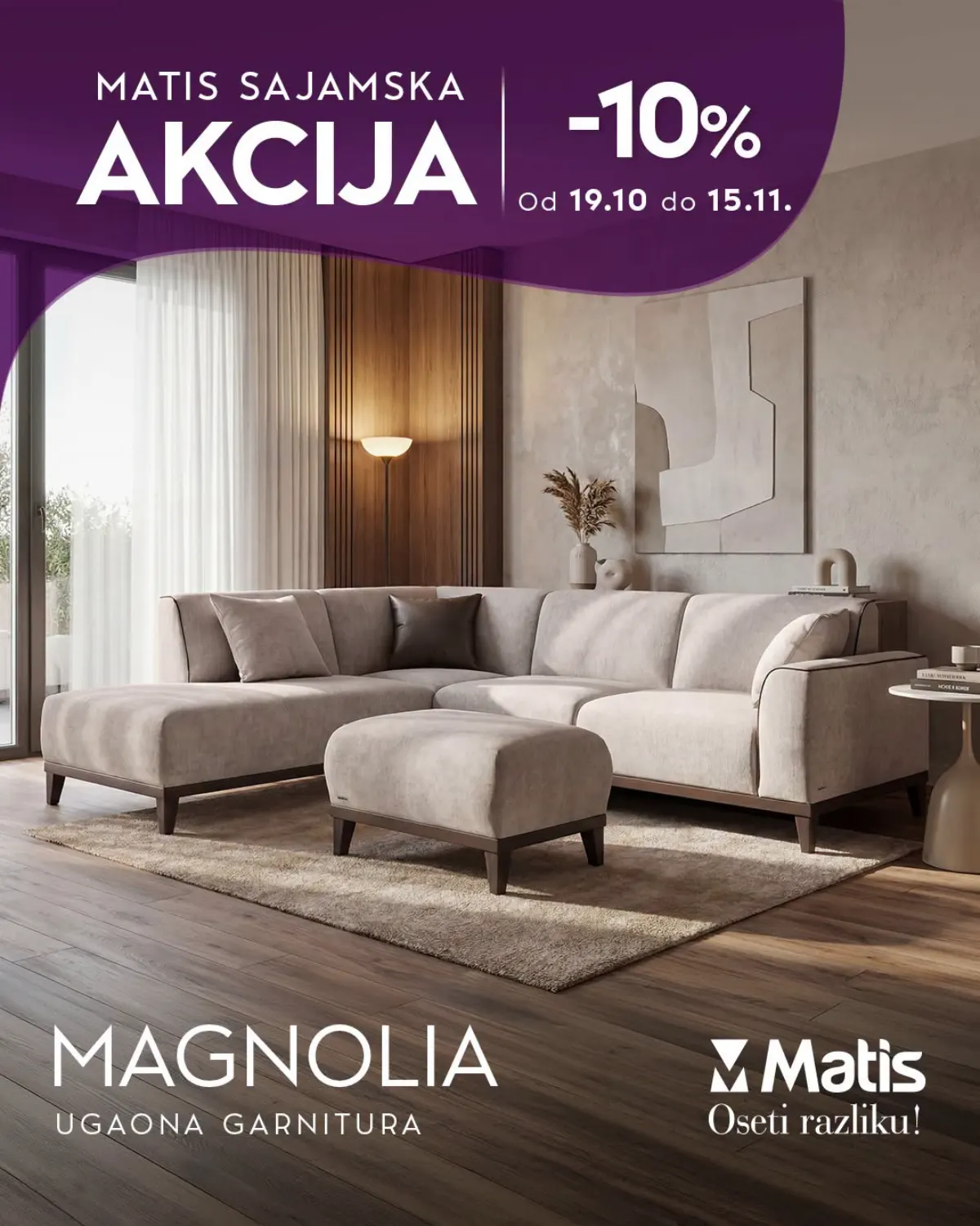 MATIS ugaona garnitura Magnolia uz popust od 10% tokom sajamske akcije od 19.10. do 15.11.2026.