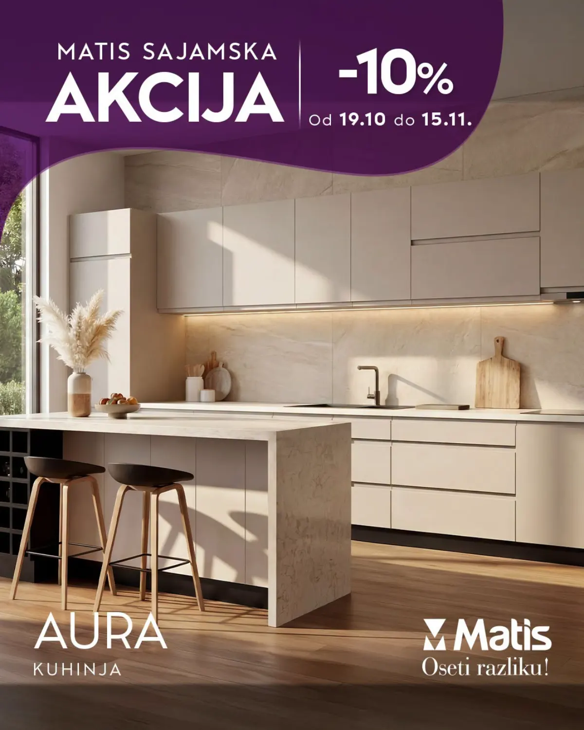 MATIS sajamska akcija od 19.10. do 15.11.2026. – moderna kuhinja AURA sa kuhinjskim ostrvom uz 10% popusta