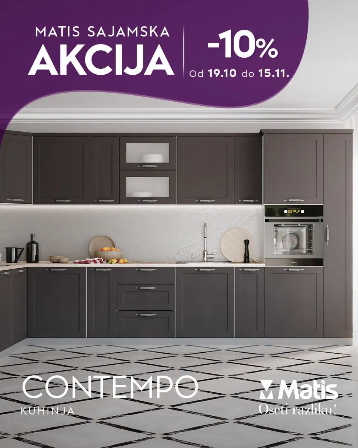 MATIS CONTEMPO kuhinja na akciji – tamni profilisani frontovi, svetla radna ploča i ugradna rerna uz 10% popusta