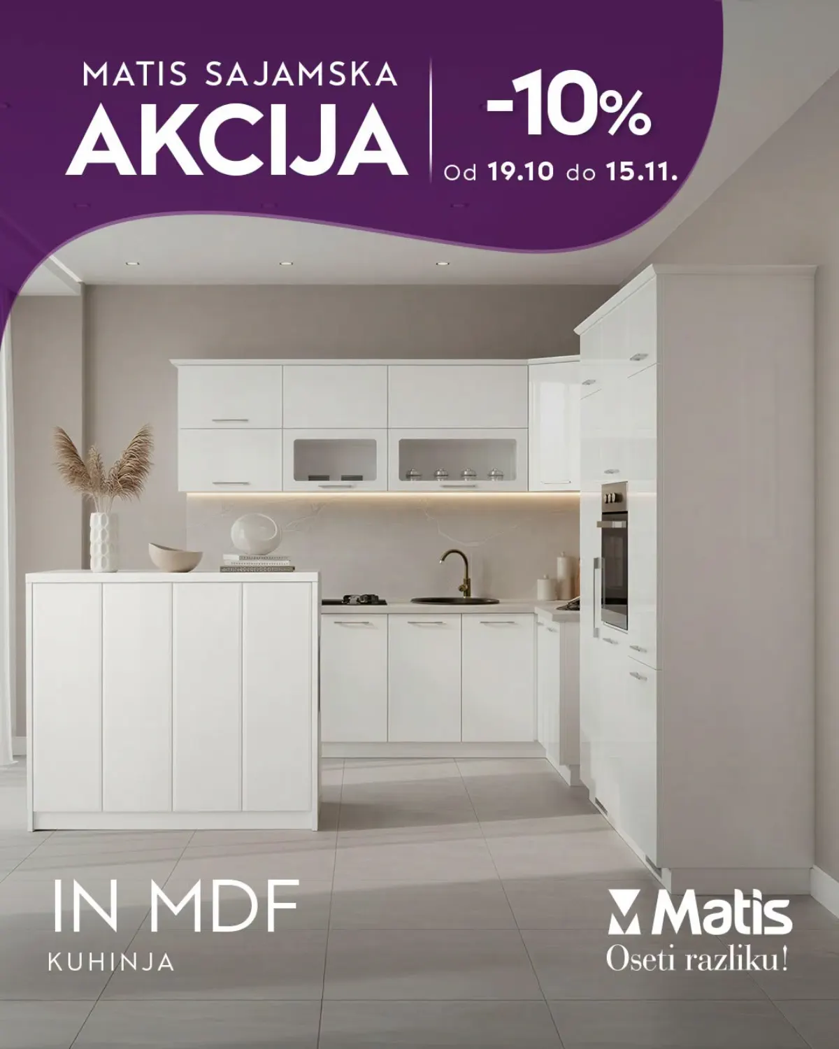 MATIS IN MDF kuhinja na akciji – beli frontovi, kuhinjsko poluostrvo i visoki ormari sa ugradnom rernom, popust 10%