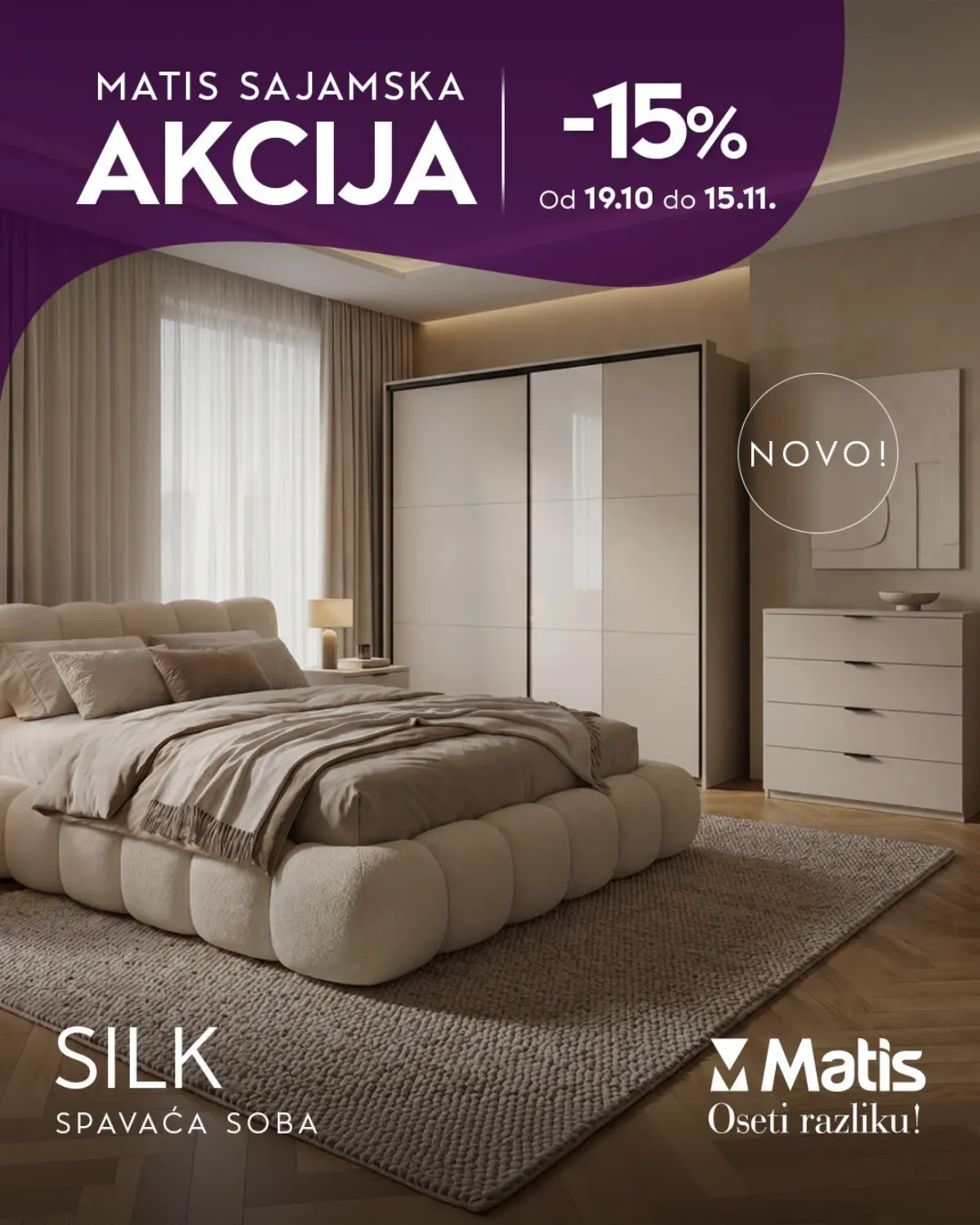 MATIS sajamska akcija od 19.10. do 15.11.2026. – spavaća soba Silk sa tapaciranim krevetom, ormarom i komodom uz popust od 15%