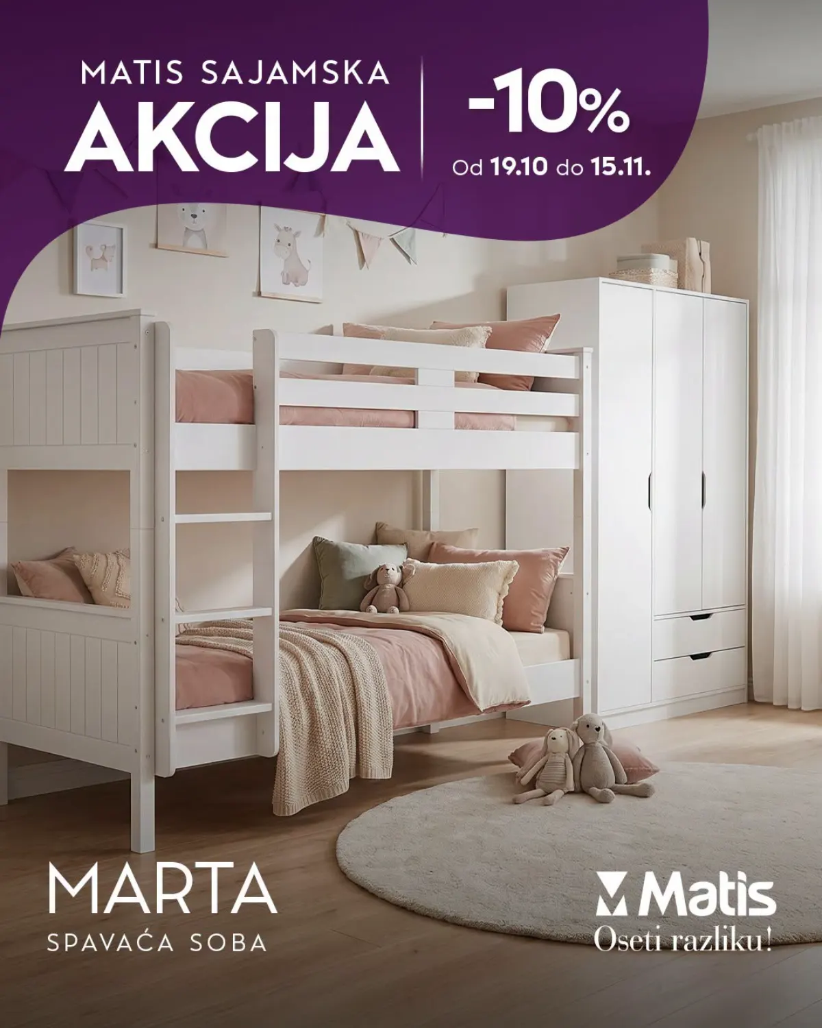 MATIS Marta dečja spavaća soba sa belim krevetima na sprat i ormarom – sajamska akcija 10% popusta do 15.11.2026.