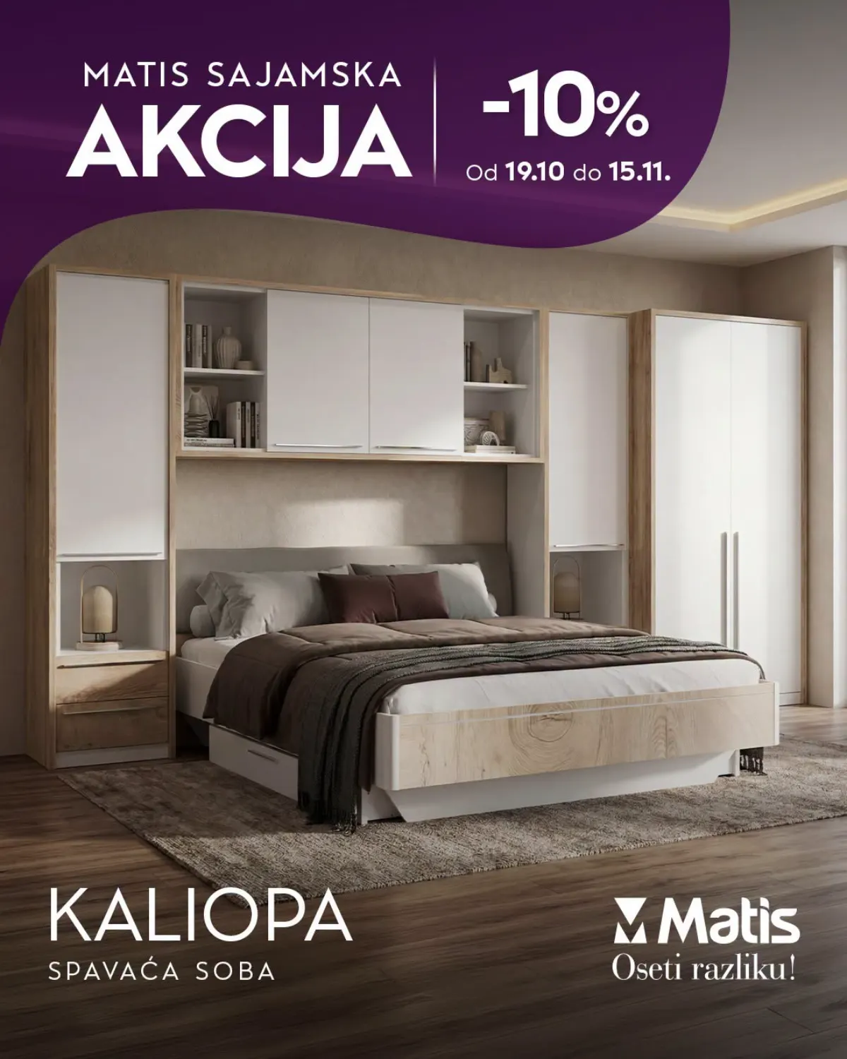 MATIS Kaliopa spavaća soba sa bračnim krevetom, visećim elementima i ormarima – sajamski popust 10%