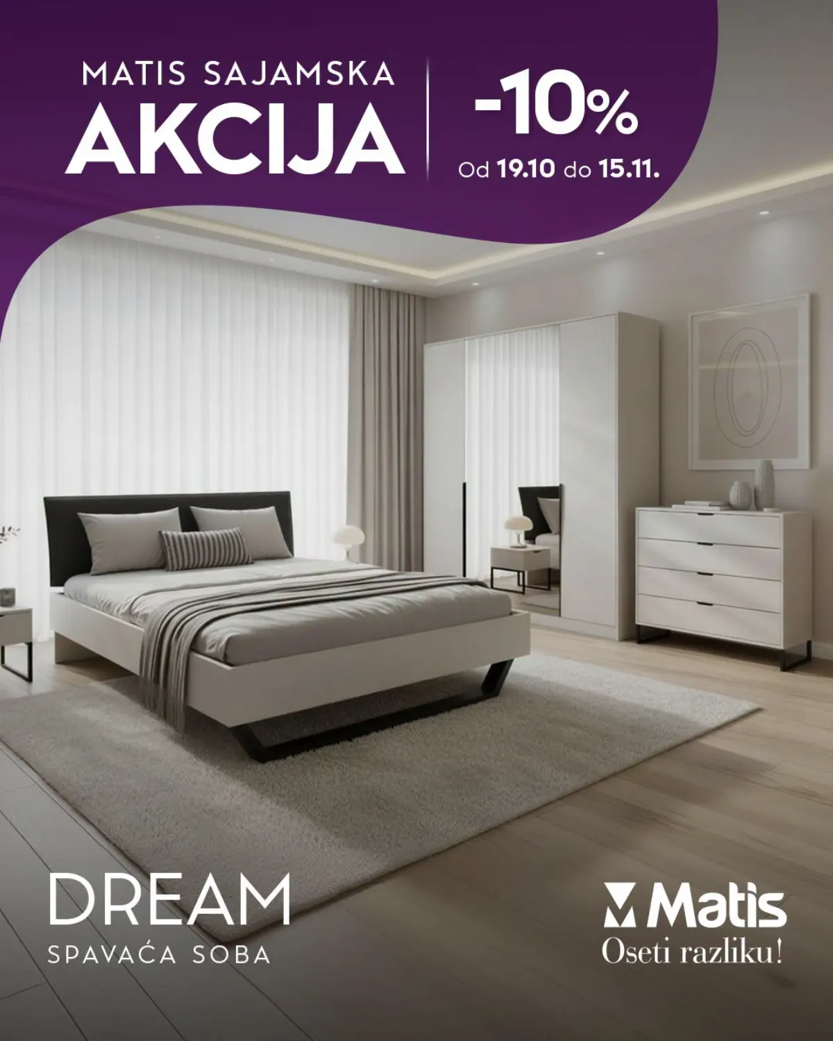 MATIS Dream spavaća soba sa bračnim krevetom, belim ormarom sa ogledalom i komodom – popust 10%