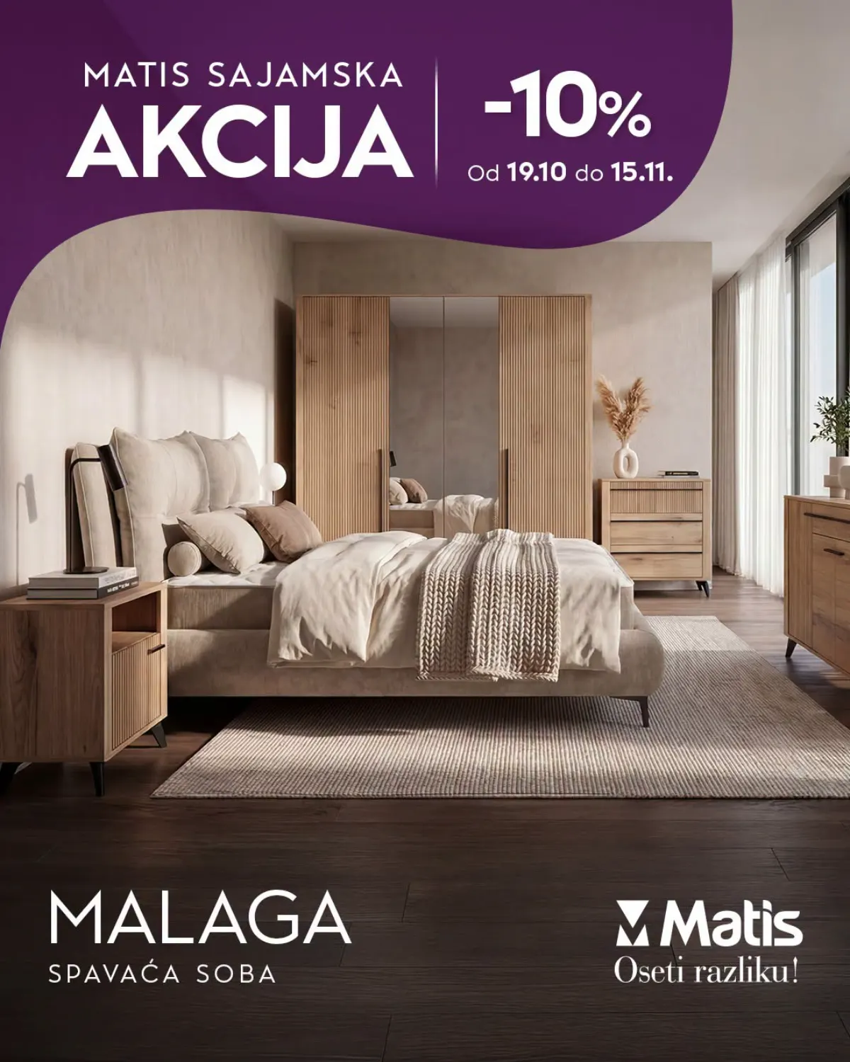 MATIS Malaga spavaća soba sa tapaciranim krevetom, garderoberom i komodom u dekoru drveta – sniženje 10%