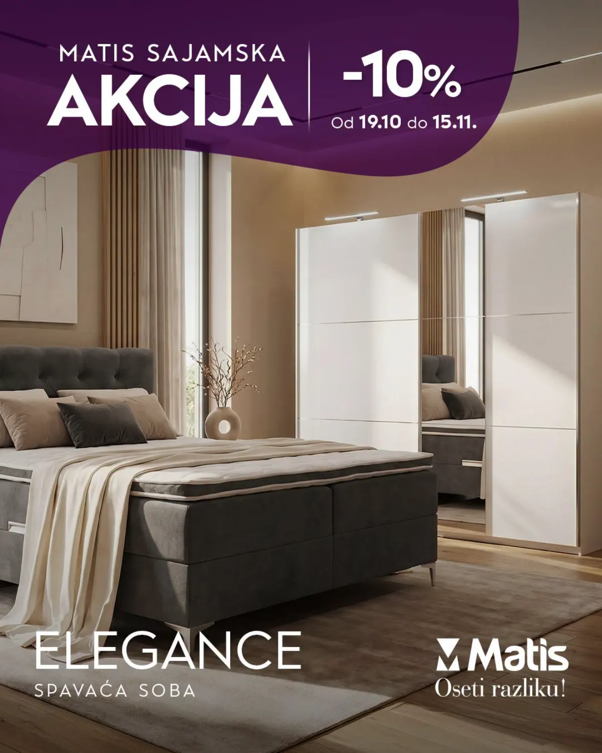 MATIS Elegance spavaća soba sa sivim tapaciranim krevetom i belim ormarom sa ogledalom – 10% popusta