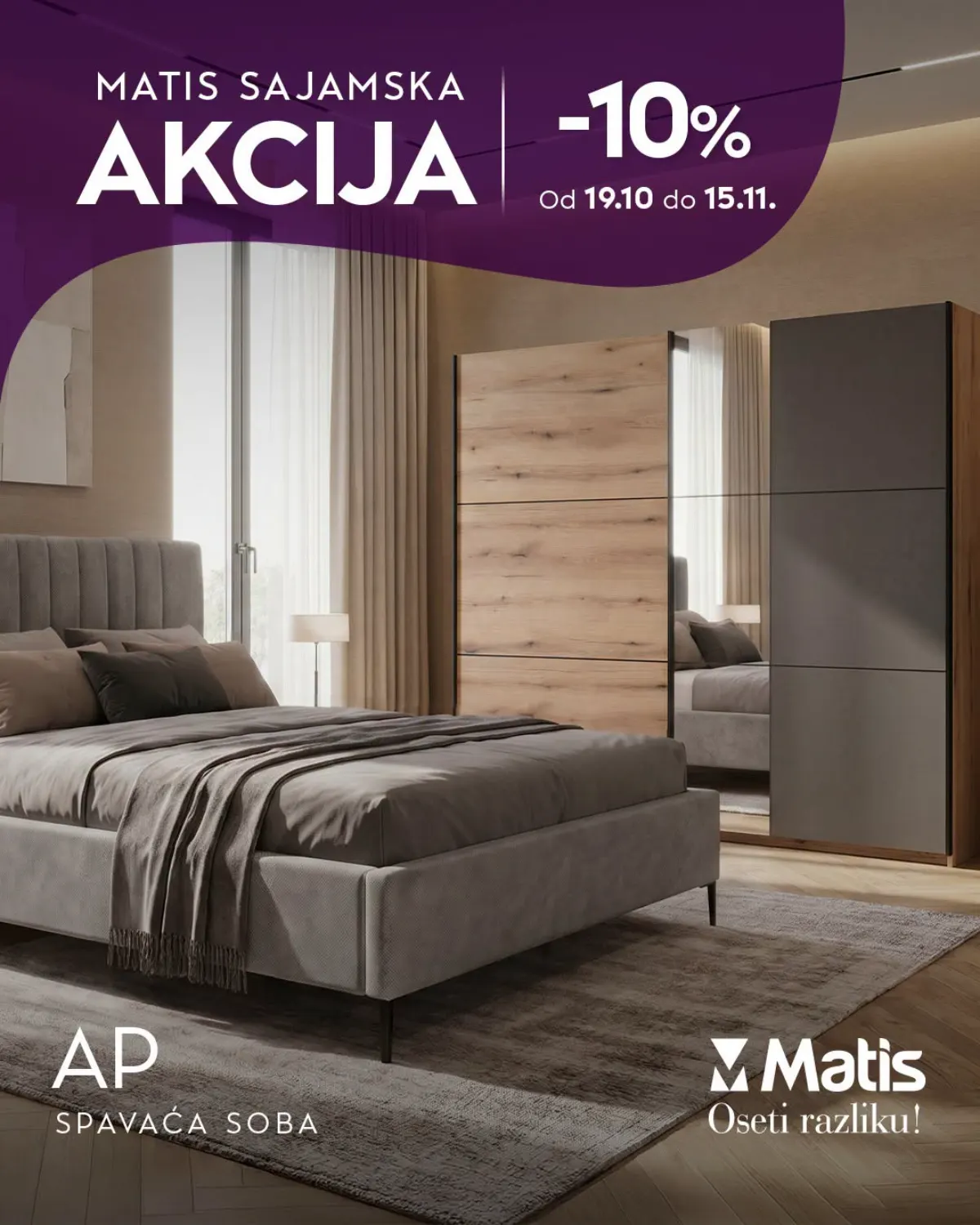 MATIS AP spavaća soba sa tapaciranim krevetom i kliznim ormarom u kombinaciji drveta, ogledala i sive boje – popust 10%