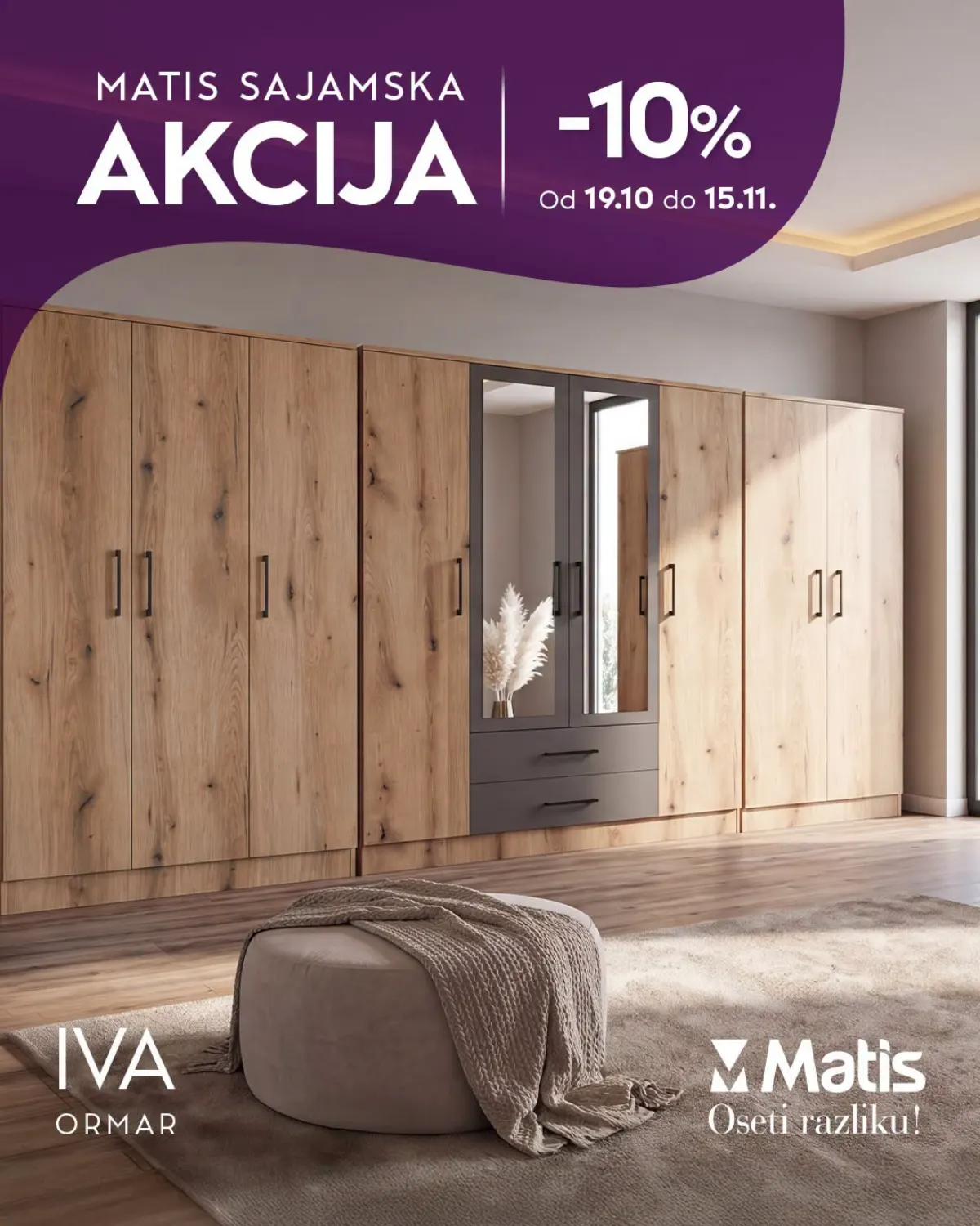 MATIS Iva ormar sa više krila, centralnim ogledalima i fiokama u dekoru drveta – sajamski popust od 10%