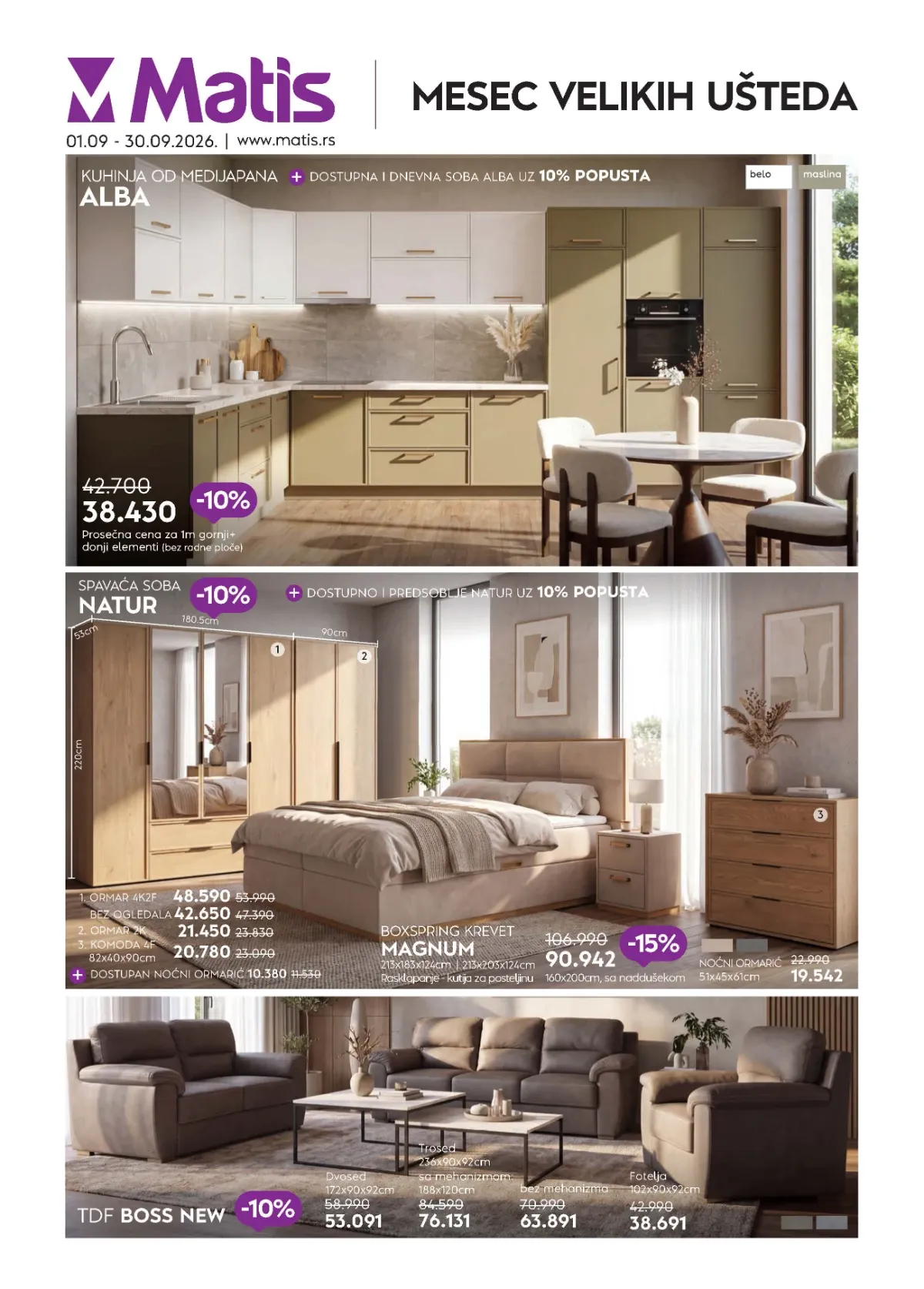 MATIS veliki katalog od 01.09. do 30.09.2026. donosi sniženja do 50% na kuhinje, garniture, spavaće sobe, plakare, trpezarije i baštenski nameštaj