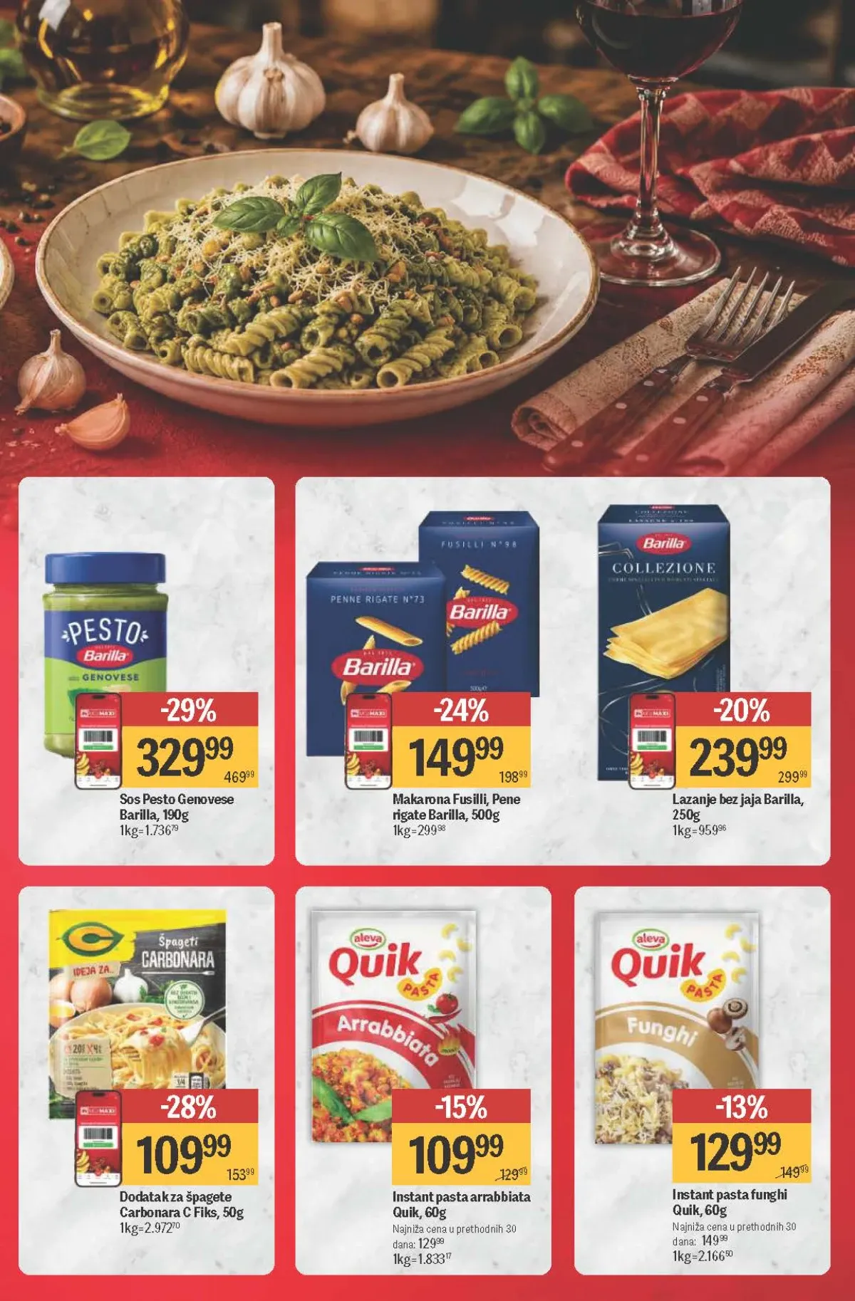 Maxi akcija do 26.08.2026. – Barilla lazanje, pesto, makarone i instant testenine na sniženju.