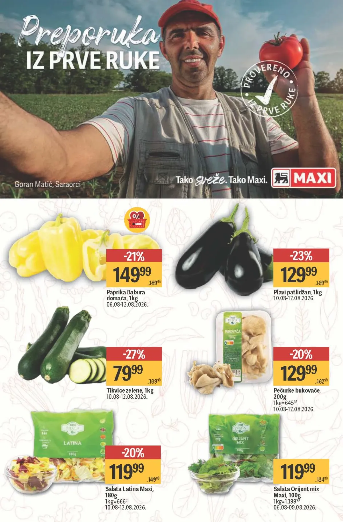 Maxi akcija do 26.08.2026. – paprike, tikvice, pečurke, patlidžan i salate na akciji.