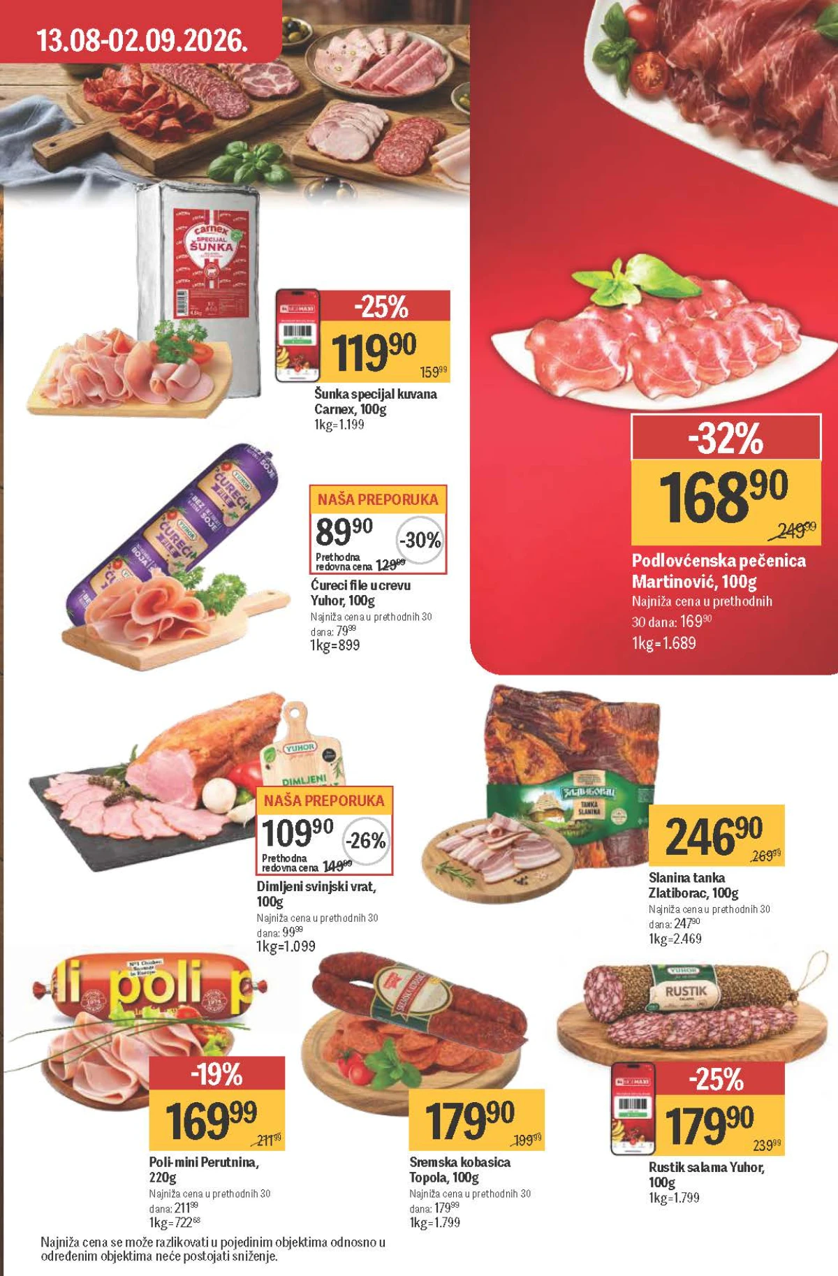 Maxi katalog – Yuhor ćureći file, dimljeni vrat, Podlovćenska pečenica, Carnex šunka, Poli i Zlatiborac na akciji