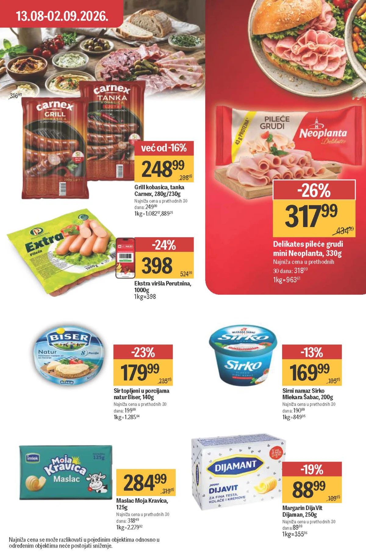 Maxi katalog – Neoplanta pileće grudi, Carnex grill kobasice, Perutnina viršle, Biser sirni namaz i Moja Kravica maslac