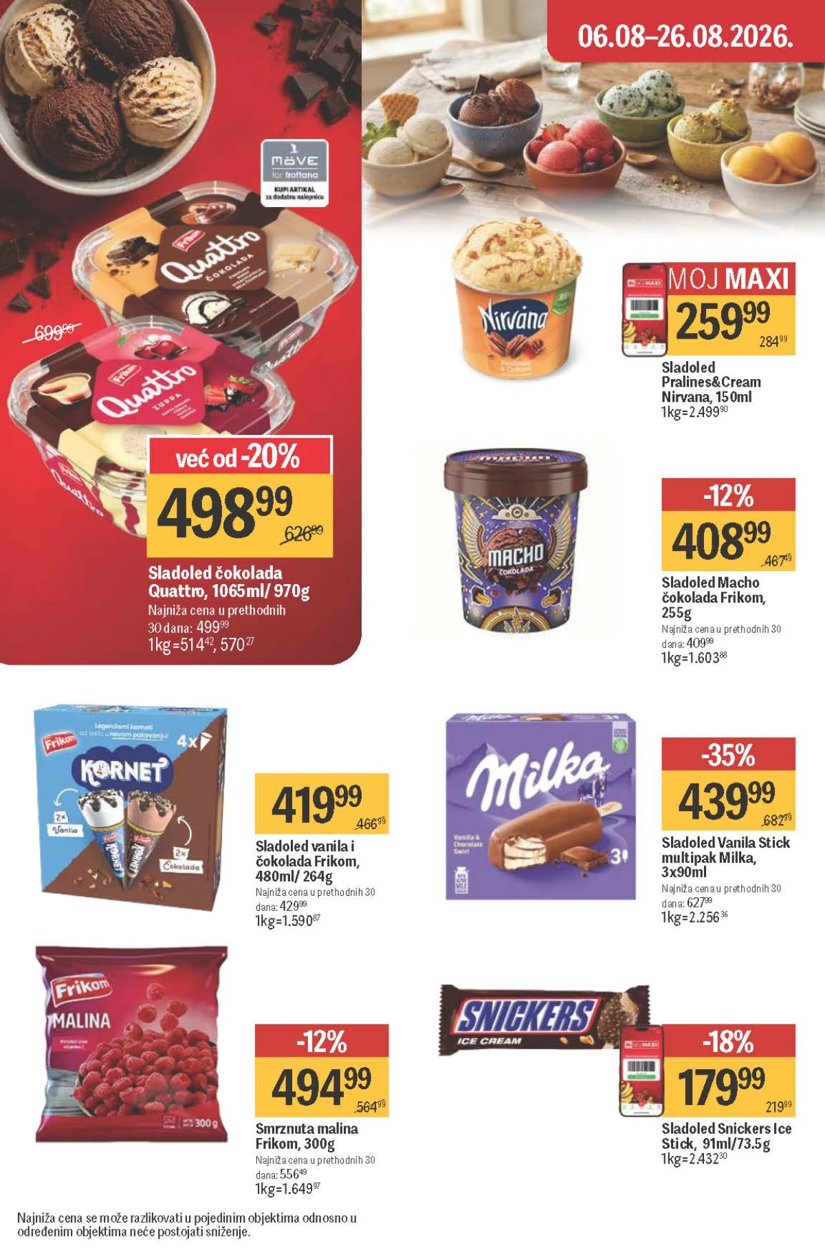 Maxi katalog – Milka, Frikom Quattro, Macho, Snickers i Nirvana sladoledi po akcijskim cenama
