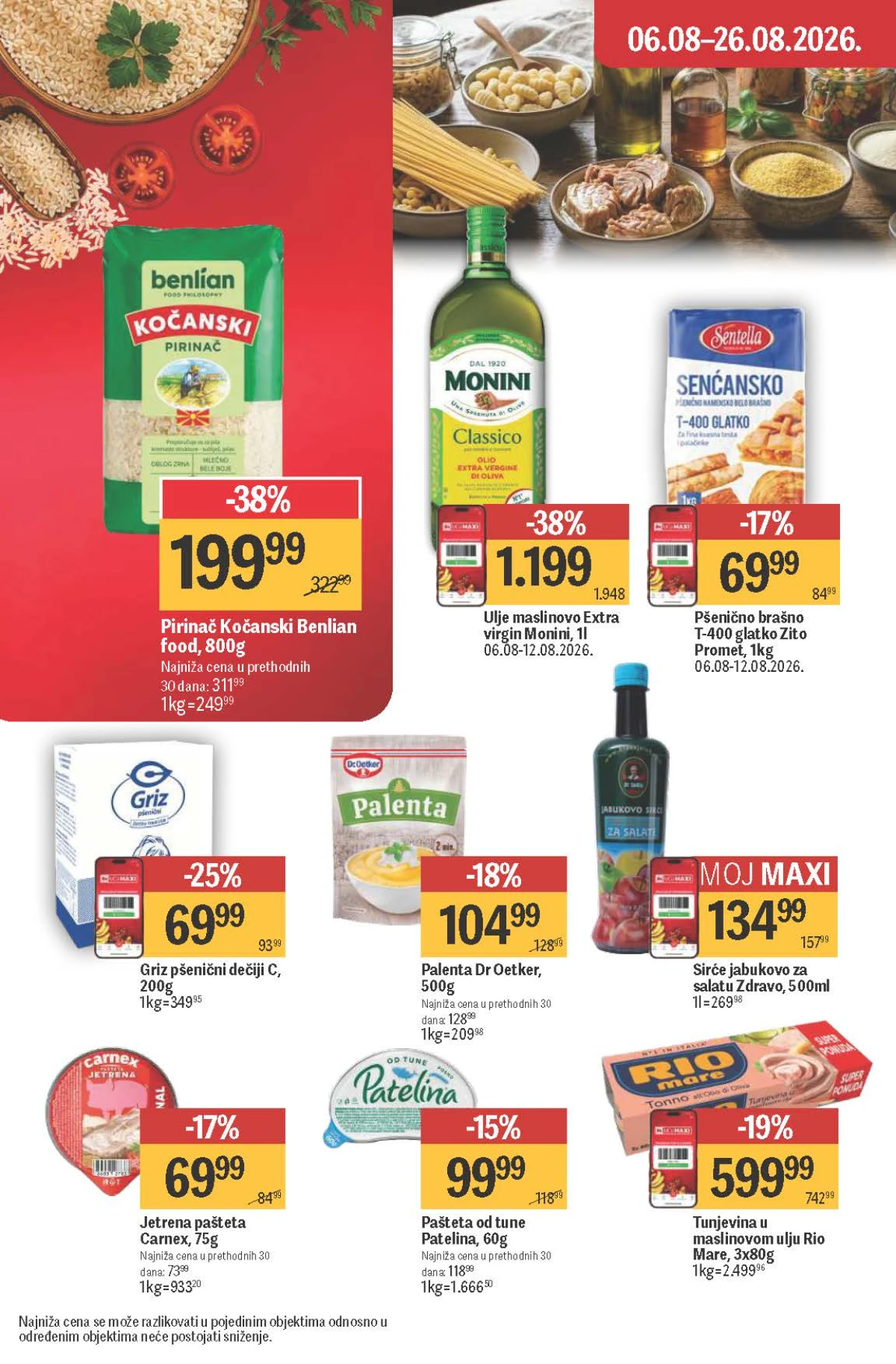 Maxi katalog – Monini maslinovo ulje, Benlian pirinač, Carnex i Patelina paštete, Rio Mare tunjevina i palenta