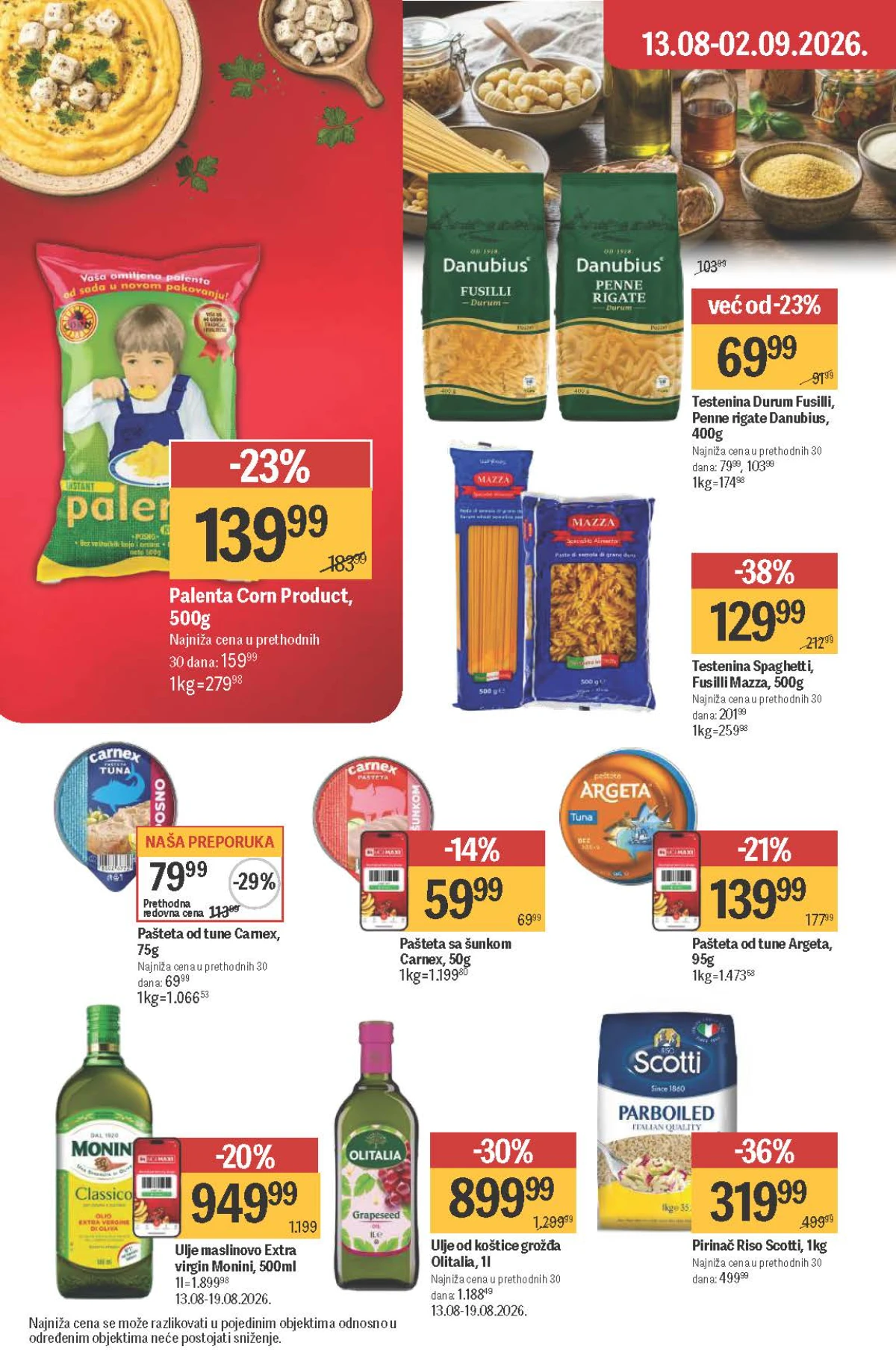 Maxi katalog – Riso Scotti pirinač, Mazza i Danubius testenina, Monini ulje, Argeta i Carnex paštete na akciji