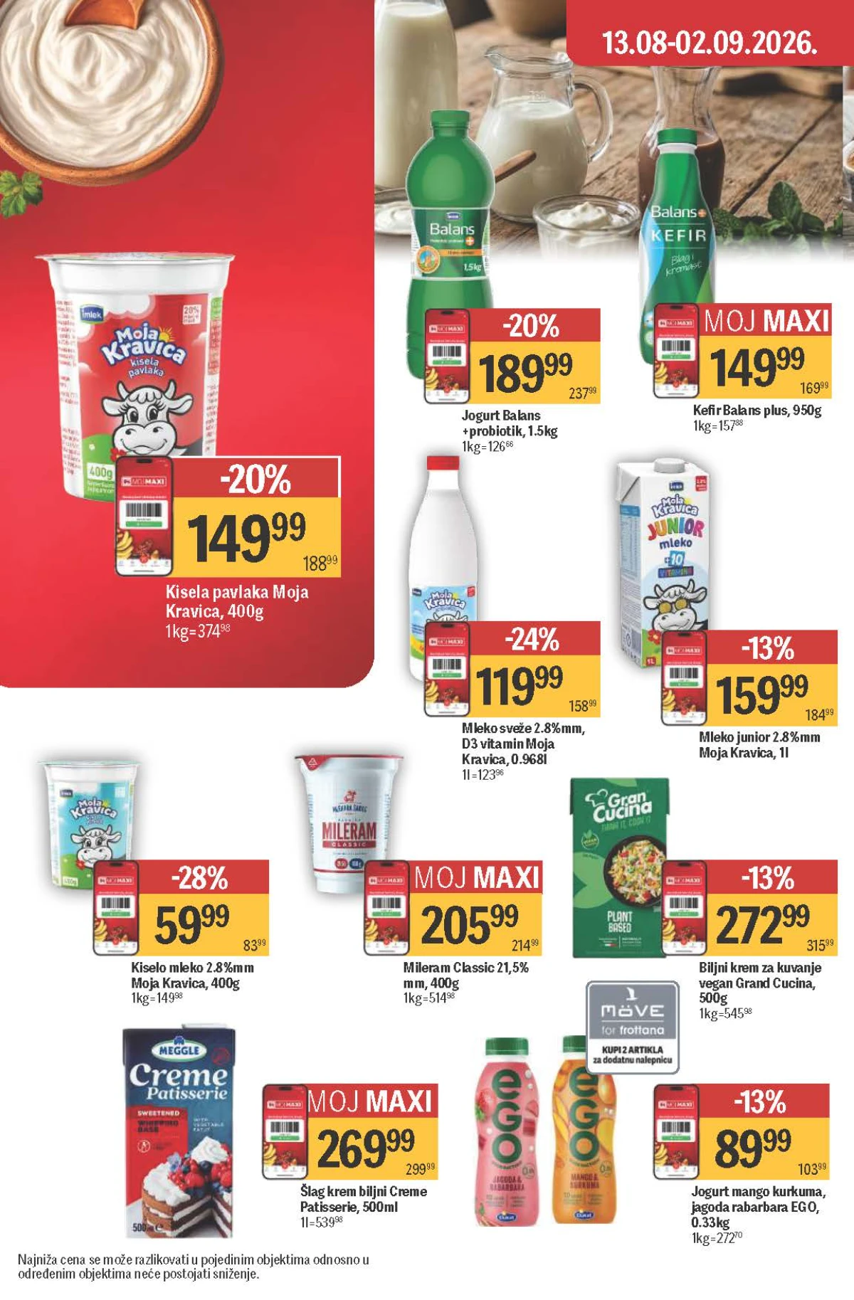Maxi katalog – Moja Kravica mleko i pavlaka, Balans jogurt i kefir, Meggle šlag krem i EGO jogurt
