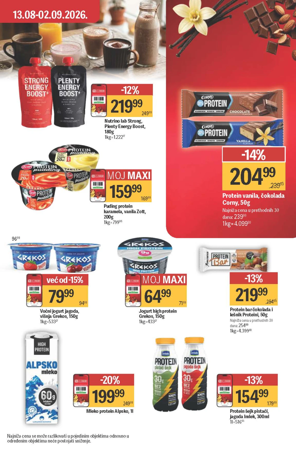 Maxi katalog – Alpsko proteinsko mleko, Grekos jogurt, Imlek proteinski šejk, Zott puding i Corny protein