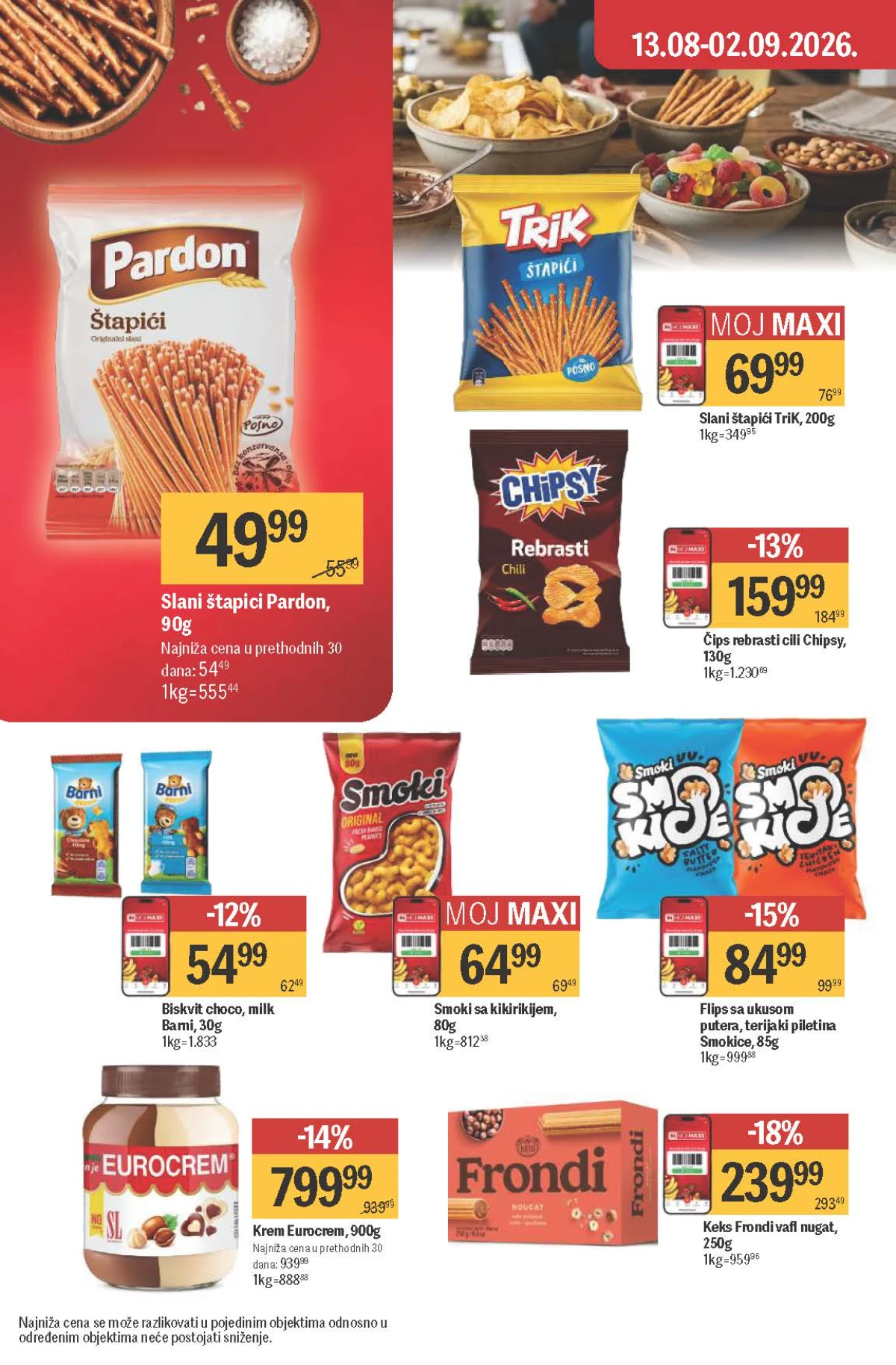 Maxi katalog – Eurocrem, Chipsy, Smoki, Pardon, Trik štapići, Barni i Frondi vafl na akciji