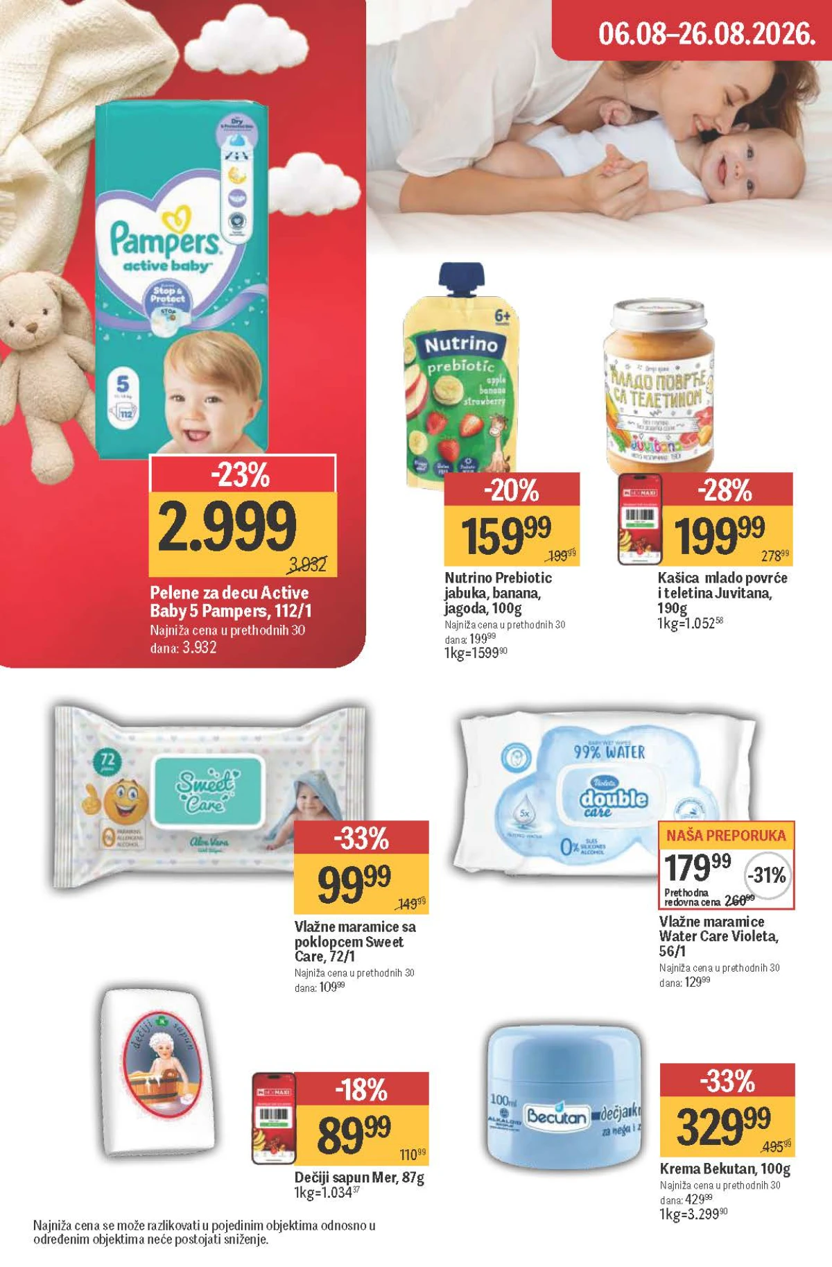 Maxi katalog – Pampers pelene, Bekutan krema, Violeta i Sweet Care maramice, Nutrino i Juvitana na akciji