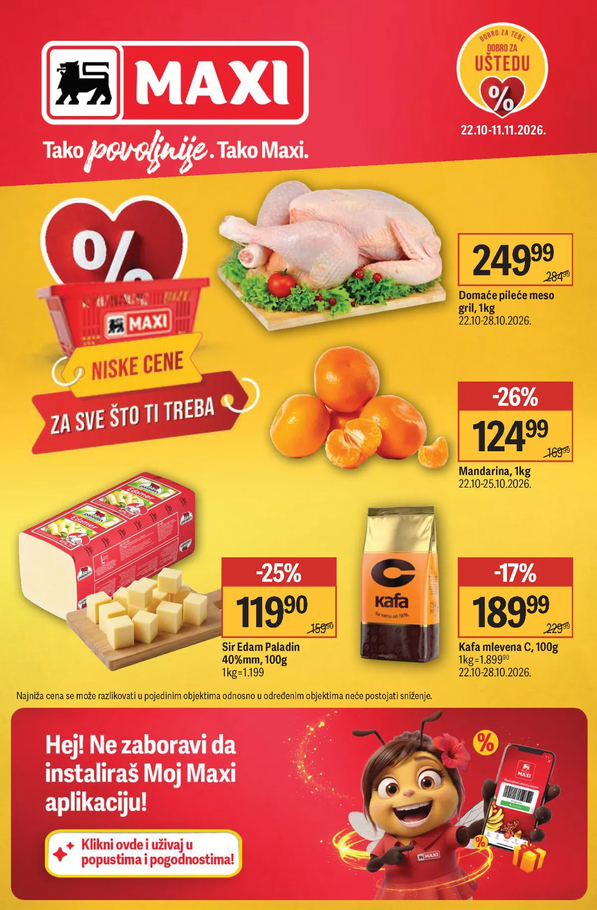 Maxi katalog od 22.10. do 11.11.2026. – naslovna strana sa akcijskim cenama piletine, mandarina, sira i kafe
