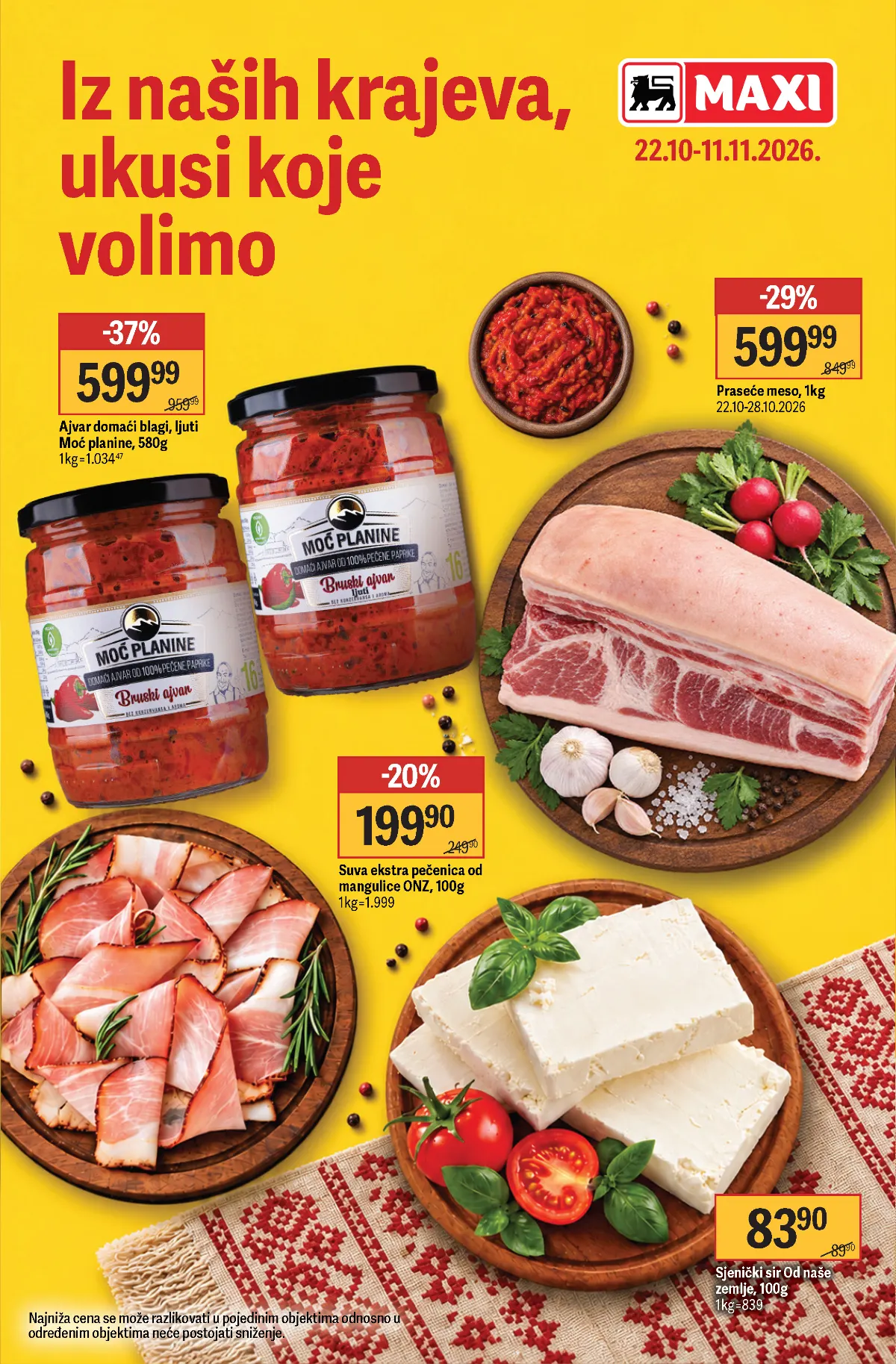 Maxi Iz naših krajeva 22.10–11.11.2026. – praseće meso 599,99 din/kg, domaći ajvar 599,99 din i popusti do 45%
