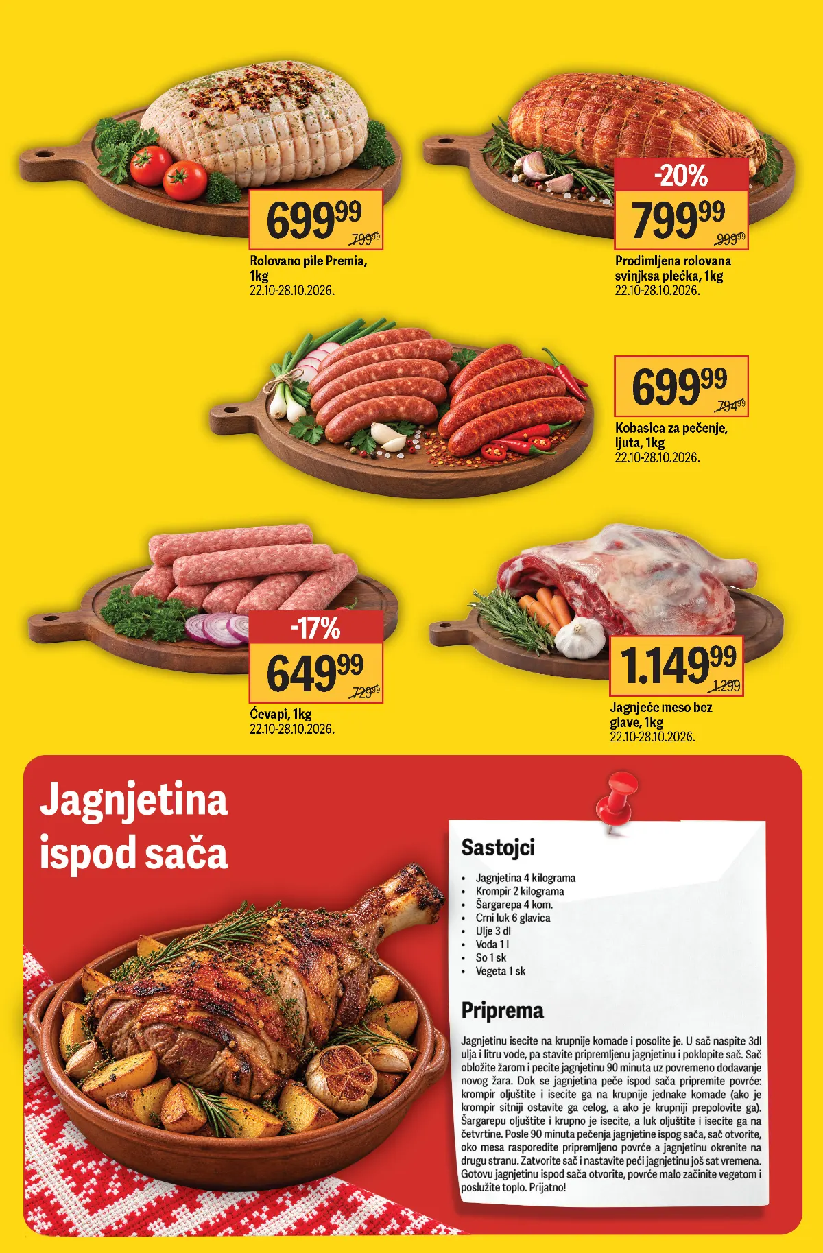 Maxi Iz naših krajeva – strana 2: rolovano pile 699,99 din/kg, svinjska plećka 799,99 din/kg, ćevapi 649,99 din/kg i jagnjetina 1.149,99 din/kg