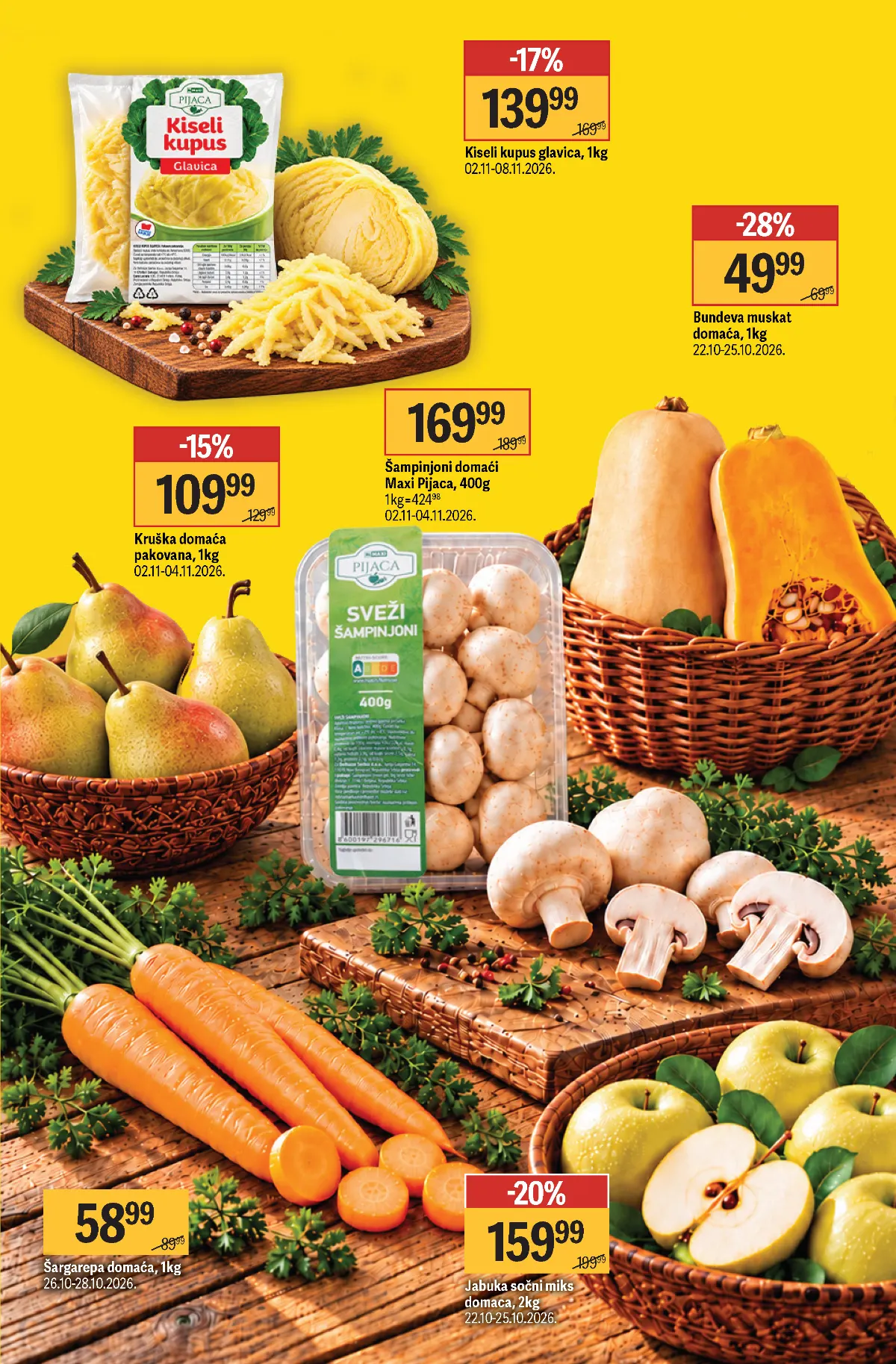 Maxi Iz naših krajeva – strana 3: bundeva 49,99 din/kg, šargarepa 58,99 din/kg, kruške 109,99 din/kg i kiseli kupus 139,99 din/kg