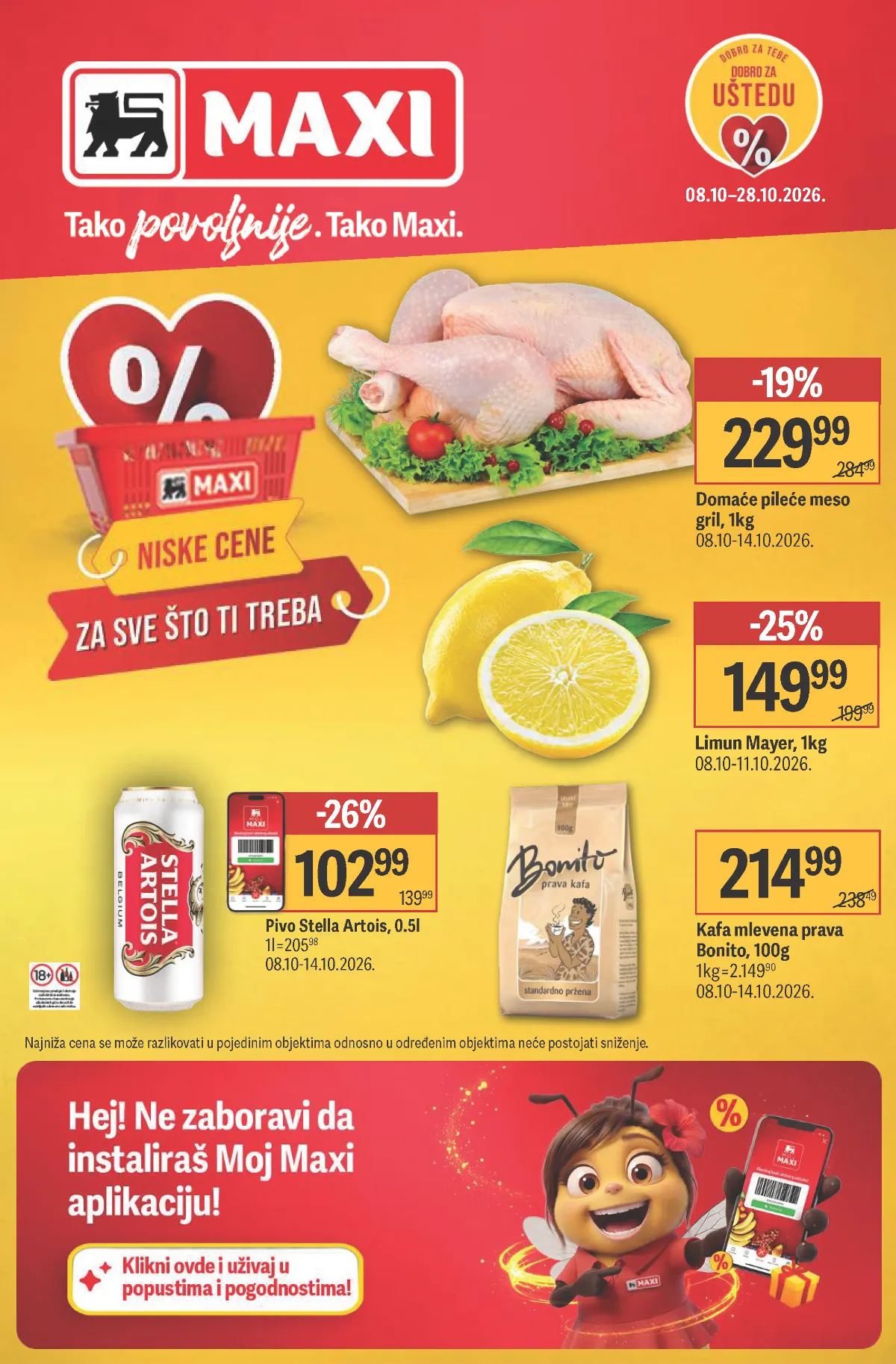 MAXI katalog od 8. do 28.10.2026. – pileće meso, pivo Stella Artois, limun i kafa Bonito