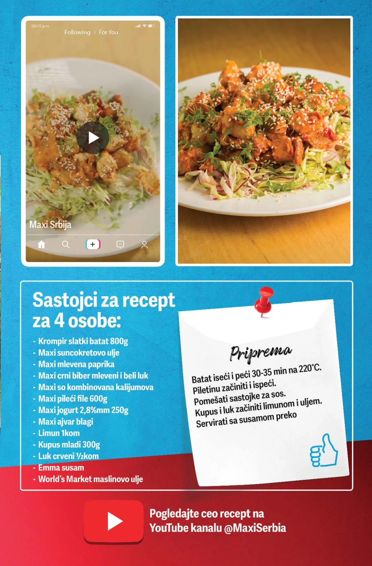 Maxi katalog – recept za batat sa piletinom Maxi katalog do 09.09.2026. – recept za batat sa piletinom i ajvar-jogurt sosom