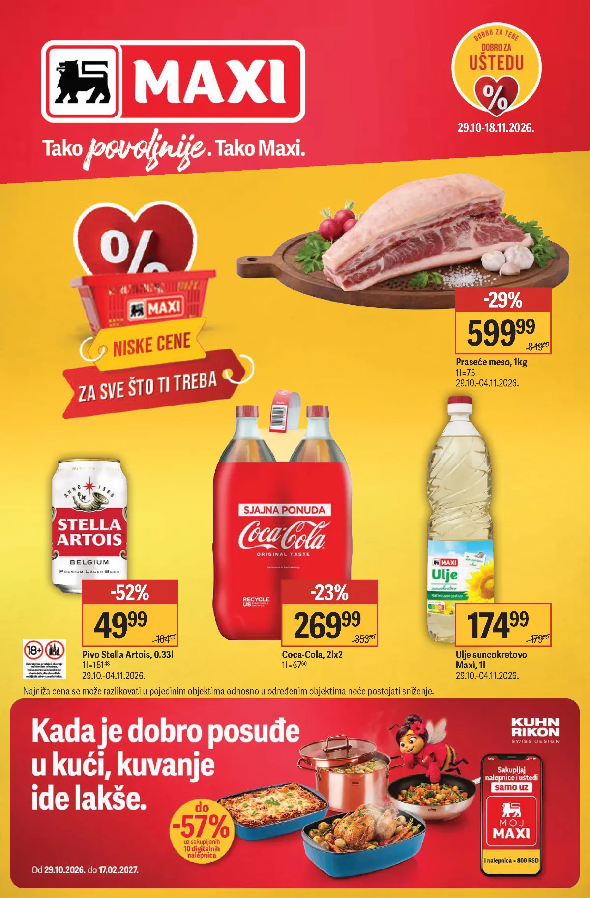 Maxi katalog 29.10–18.11.2026. – Stella Artois 49,99 din, praseće meso 599,99 din/kg, Coca-Cola 269,99 din i ulje 174,99 din