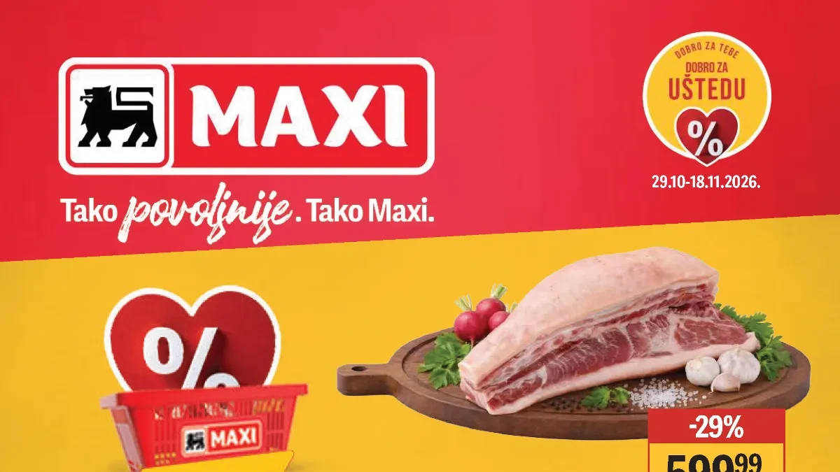 Maxi katalog 29.10–18.11.2026. – popusti do 54%, Stella Artois pivo 49,99 dinara, Coca-Cola 269,99 dinara, suncokretovo ulje 174,99 dinara i praseće meso 599,99 dinara