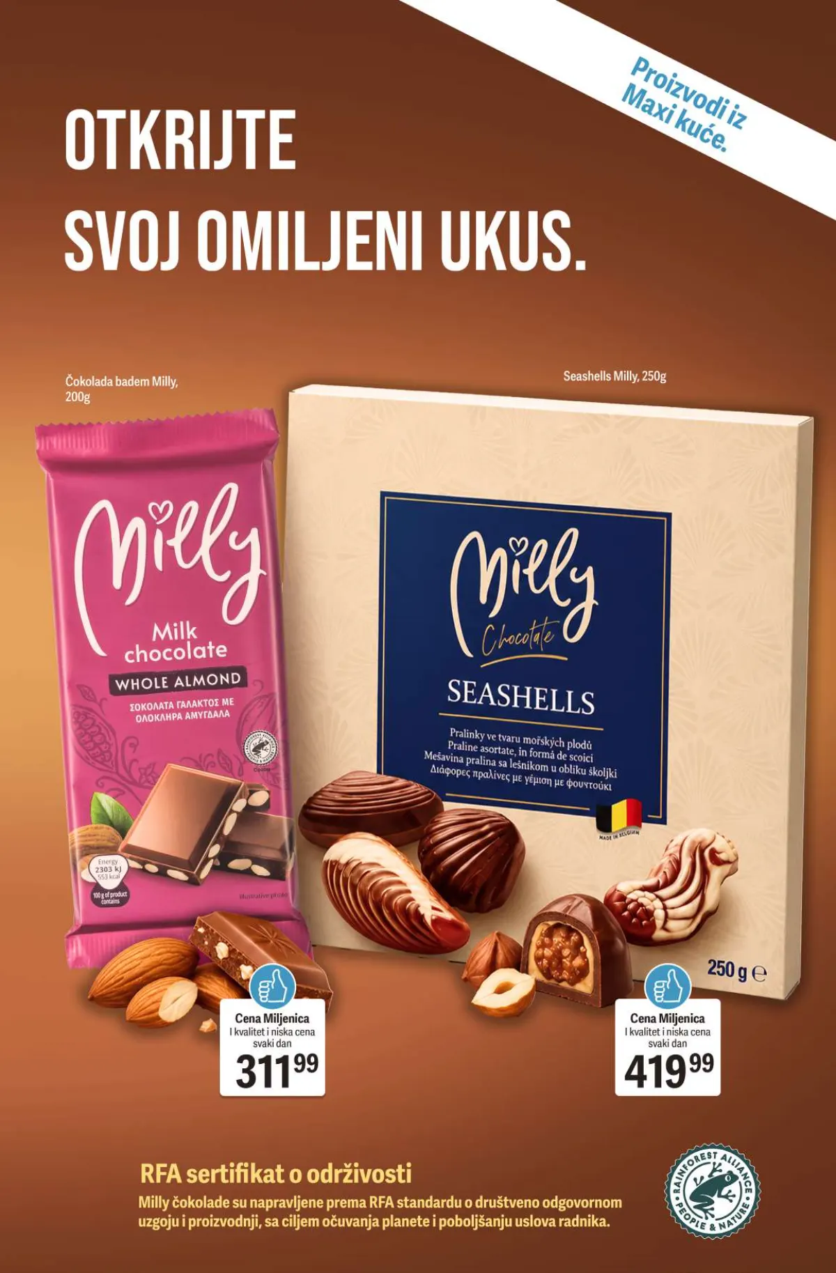 Maxi katalog – strana 3, čokoladni specijaliteti Maxi katalog strana 3 – Milly čokolada sa bademima i Seashells praline