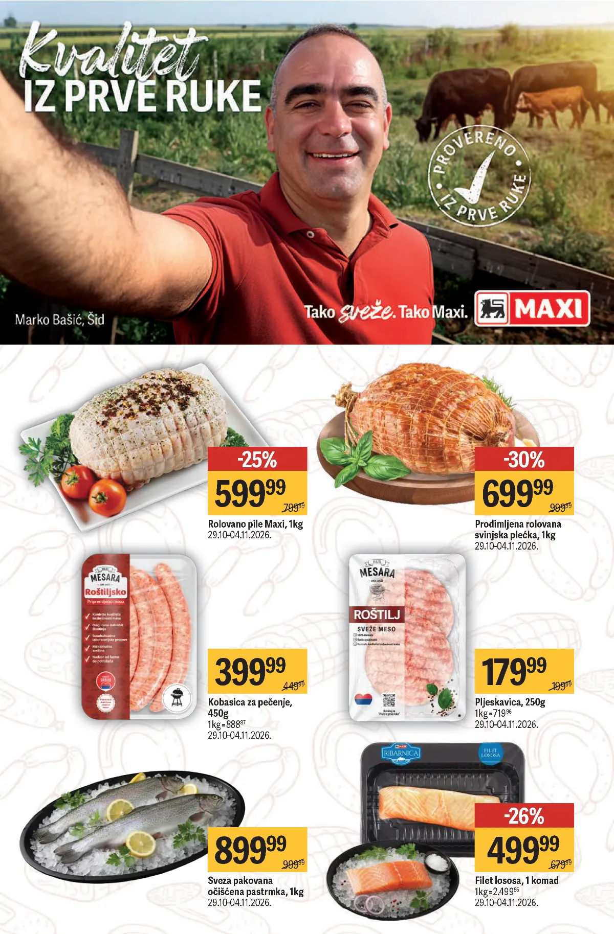 Maxi katalog – strana 6, meso i riba Maxi katalog strana 6 – rolovano pile, svinjska plećka, pljeskavice, pastrmka i losos