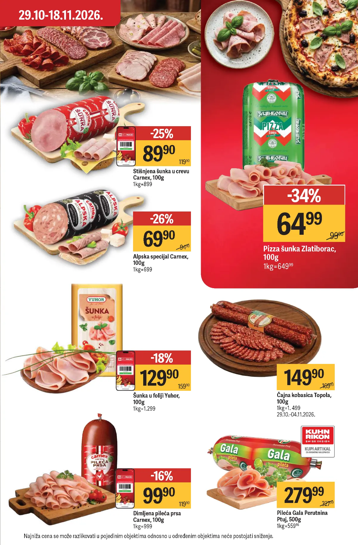 Maxi katalog – strana 11, šunke i salame Maxi katalog strana 11 – Zlatiborac pizza šunka, Carnex alpska salama i šunke
