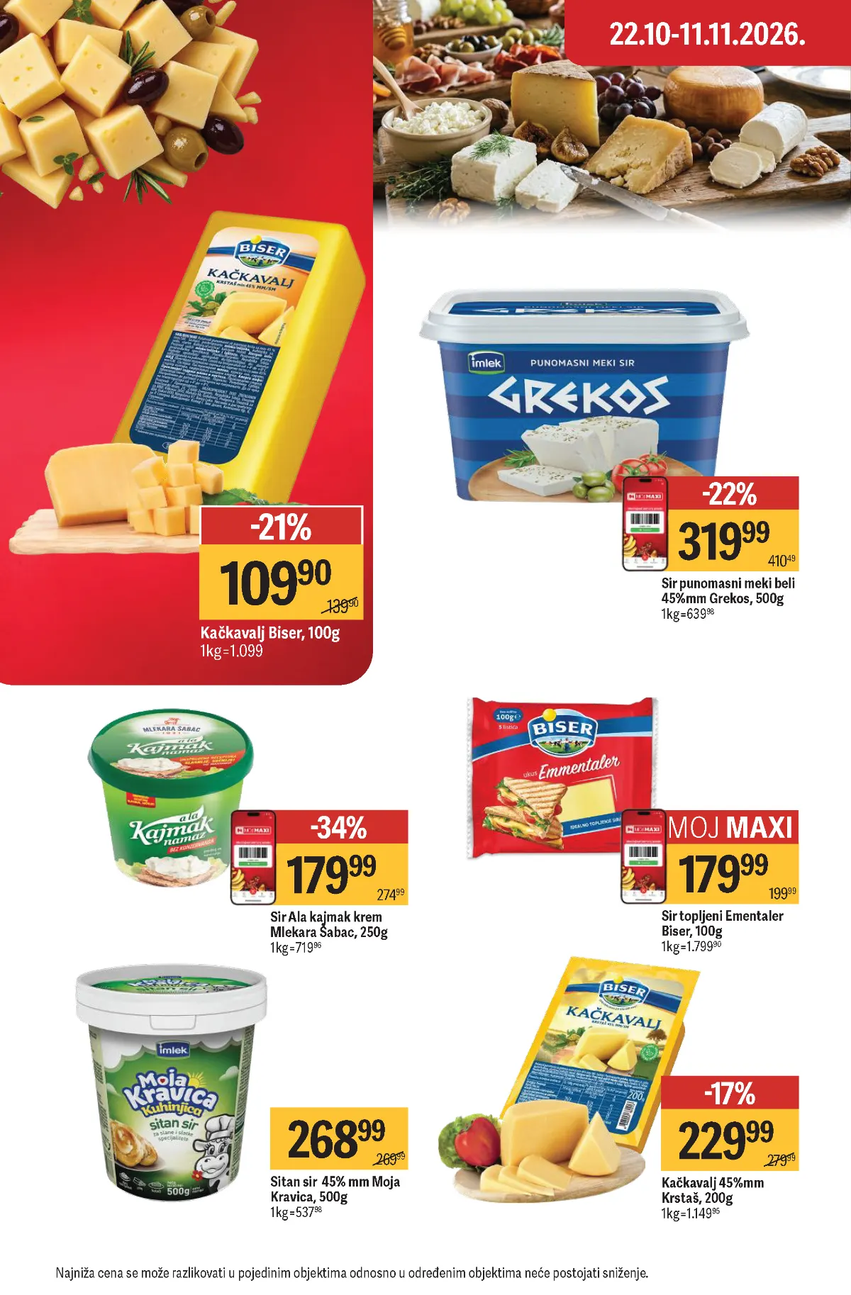 Maxi katalog – strana 12, sirevi i kajmak Maxi katalog strana 12 – Grekos sir, Biser kačkavalj i Ala kajmak krem