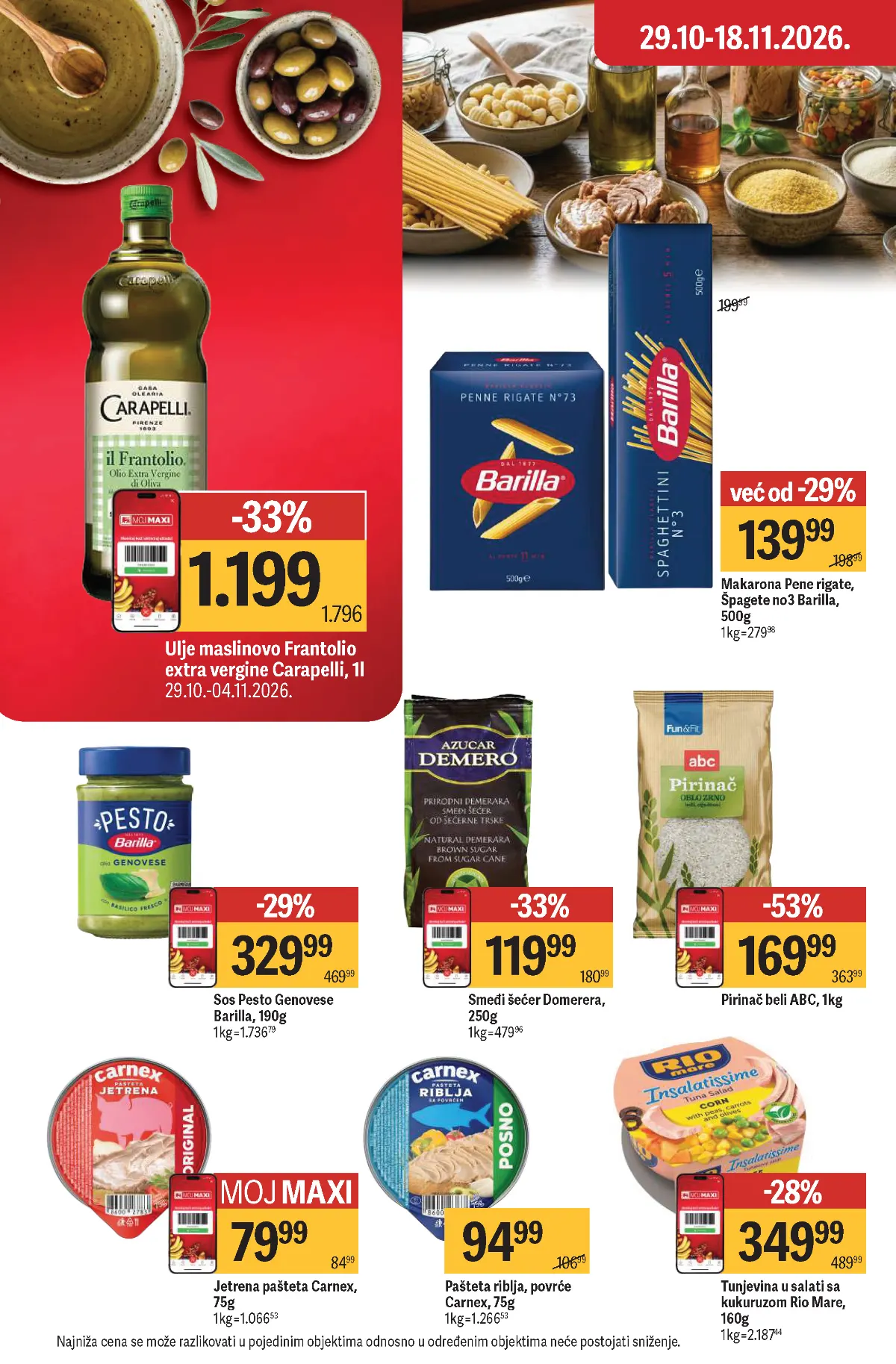 Maxi katalog – strana 21, osnovne namirnice Maxi katalog strana 21 – ABC pirinač, Barilla testenine, Carapelli maslinovo ulje
