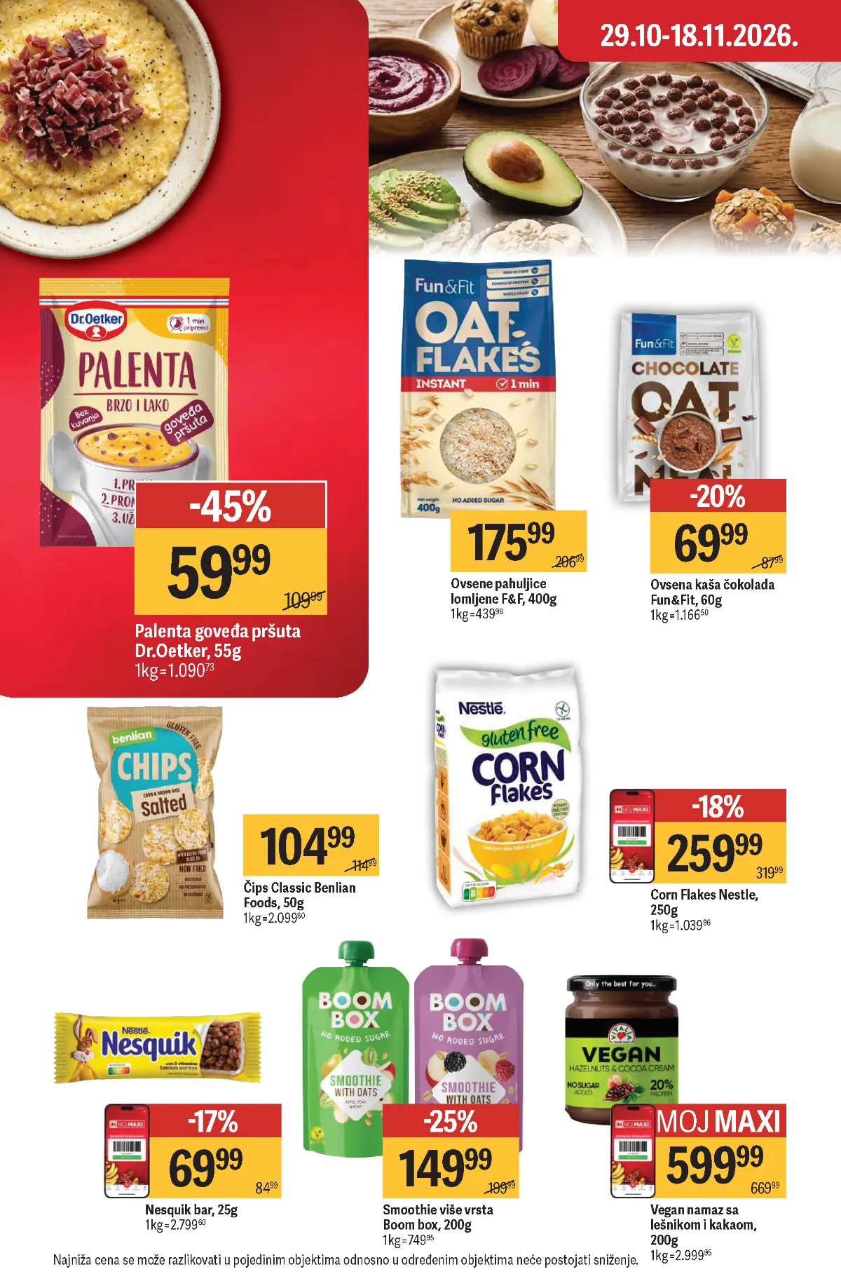 Maxi katalog – strana 28, doručak i žitarice Maxi katalog strana 28 – Dr Oetker palenta, Nestle Corn Flakes i Fun Fit ovsena kaša