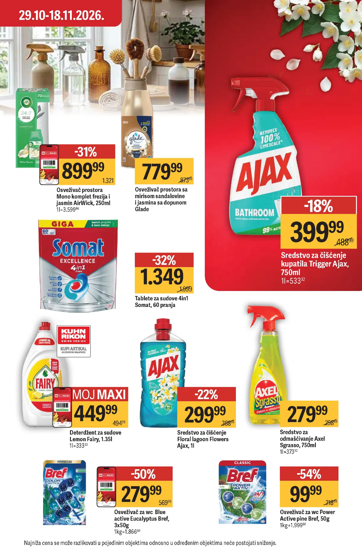 Maxi katalog – strana 45, kućna hemija do 54% jeftinije Maxi katalog strana 45 – Bref Power Active 99,99 dinara uz 54% popusta, Somat tablete i Ajax sredstva