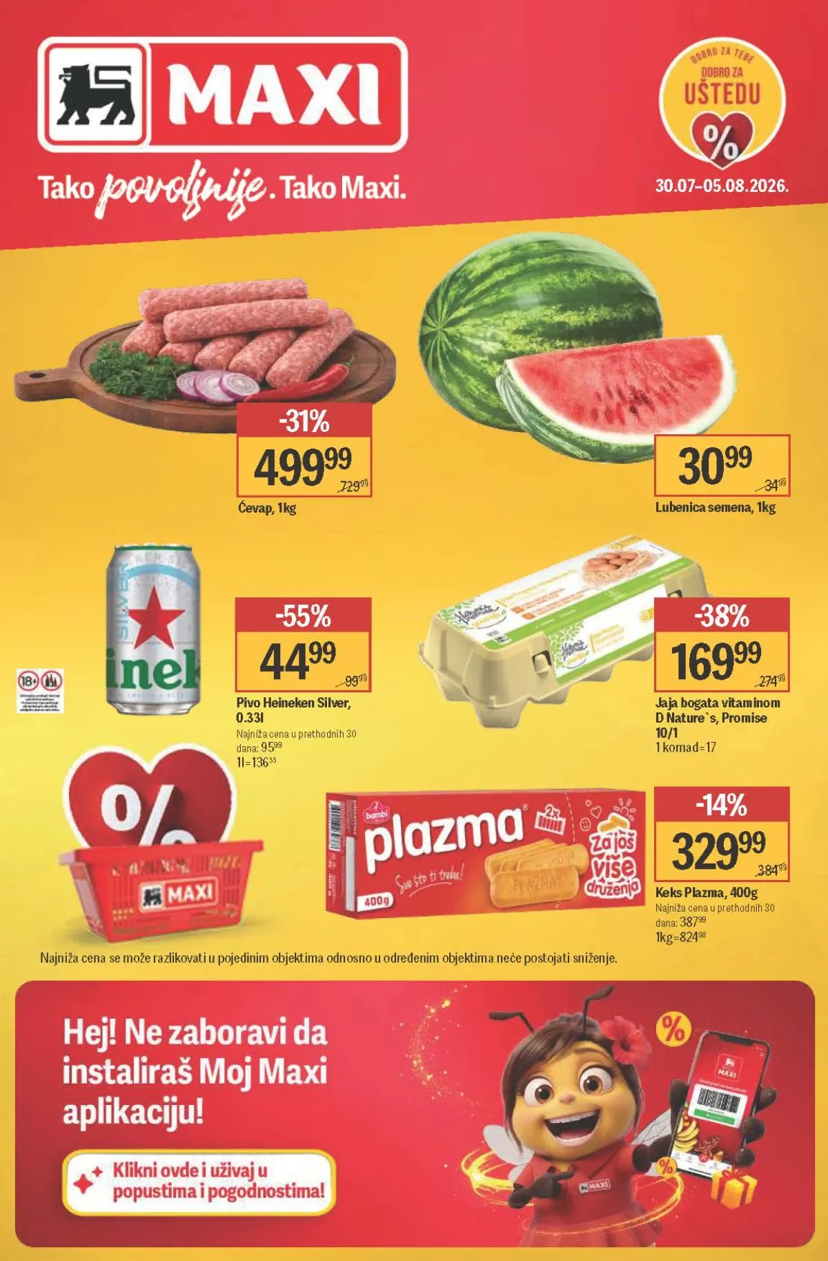 Maxi katalog do 05.08.2026. – popusti do 55% na ćevape, Heineken, jaja, Plazmu, voće, meso i brojne prehrambene proizvode.
