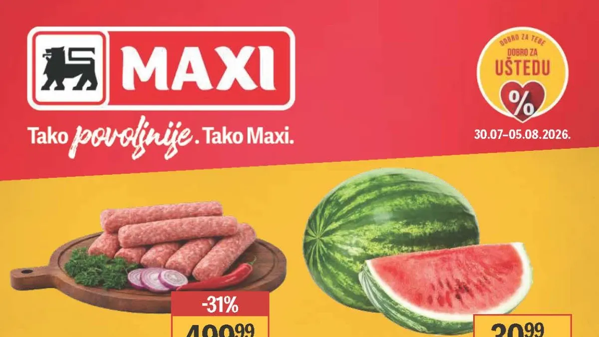 Maxi katalog do 05.08.2026. – popusti do 55% na meso, voće, povrće, jaja, piće, mlečne proizvode i prehranu.