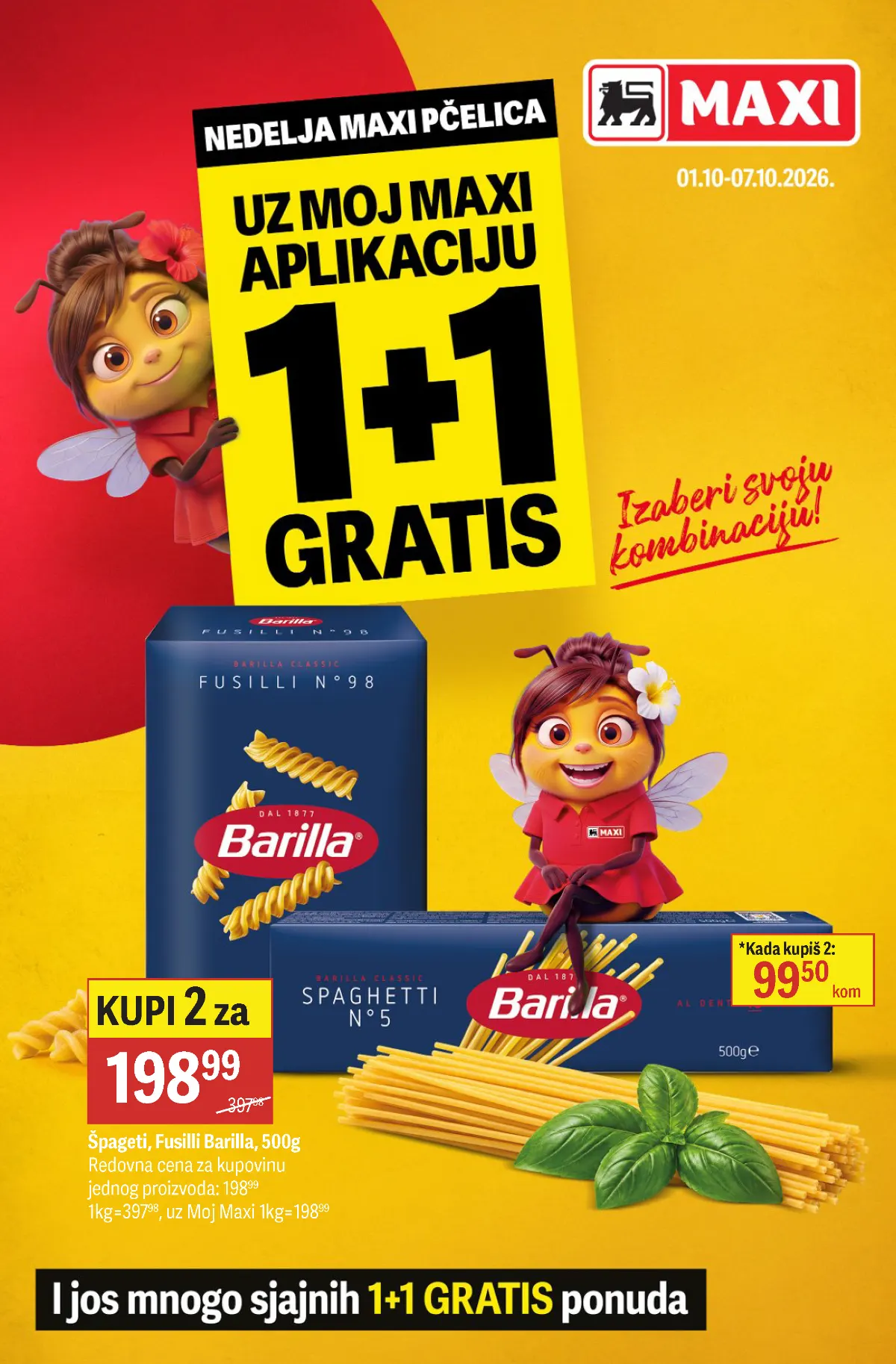 Naslovna strana Maxi nedeljnog kataloga od 01.10. do 07.10.2026. sa 1+1 GRATIS ponudom uz Moj Maxi aplikaciju