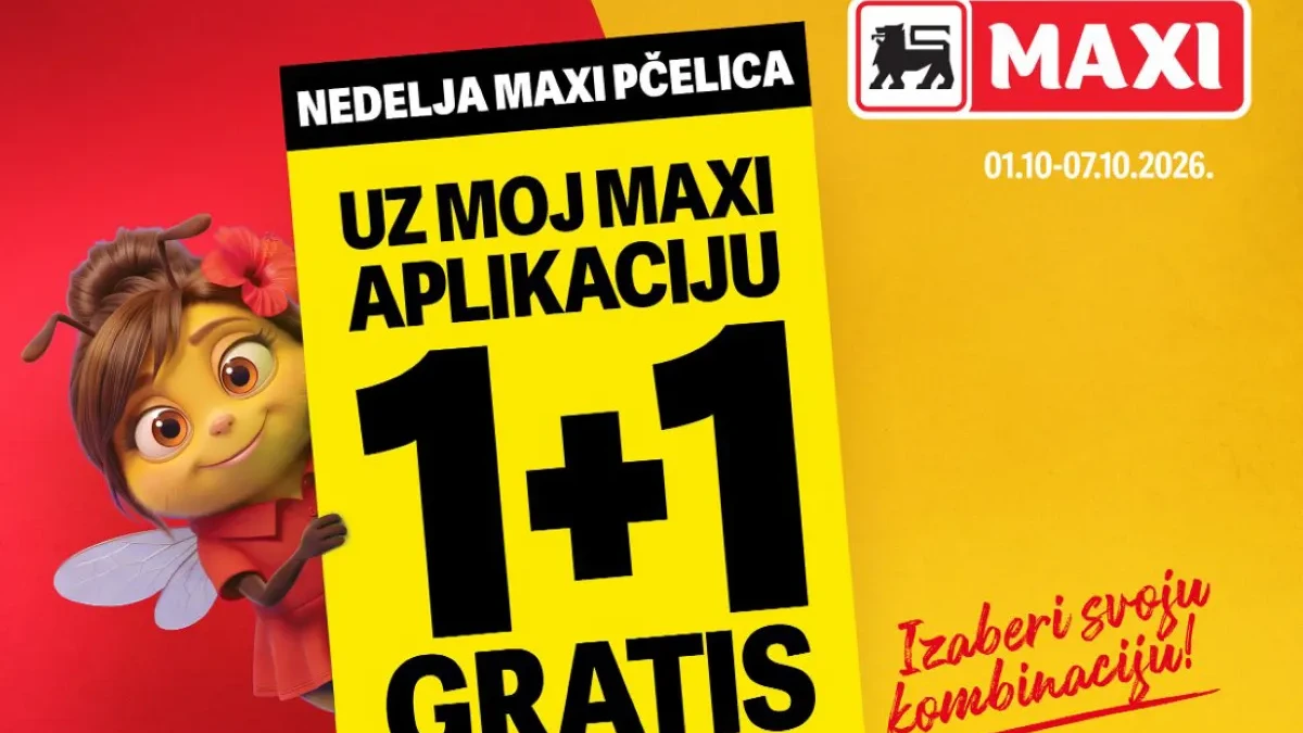 Naslovna strana Maxi nedeljnog kataloga od 01.10. do 07.10.2026. sa 1+1 GRATIS ponudom uz Moj Maxi aplikaciju